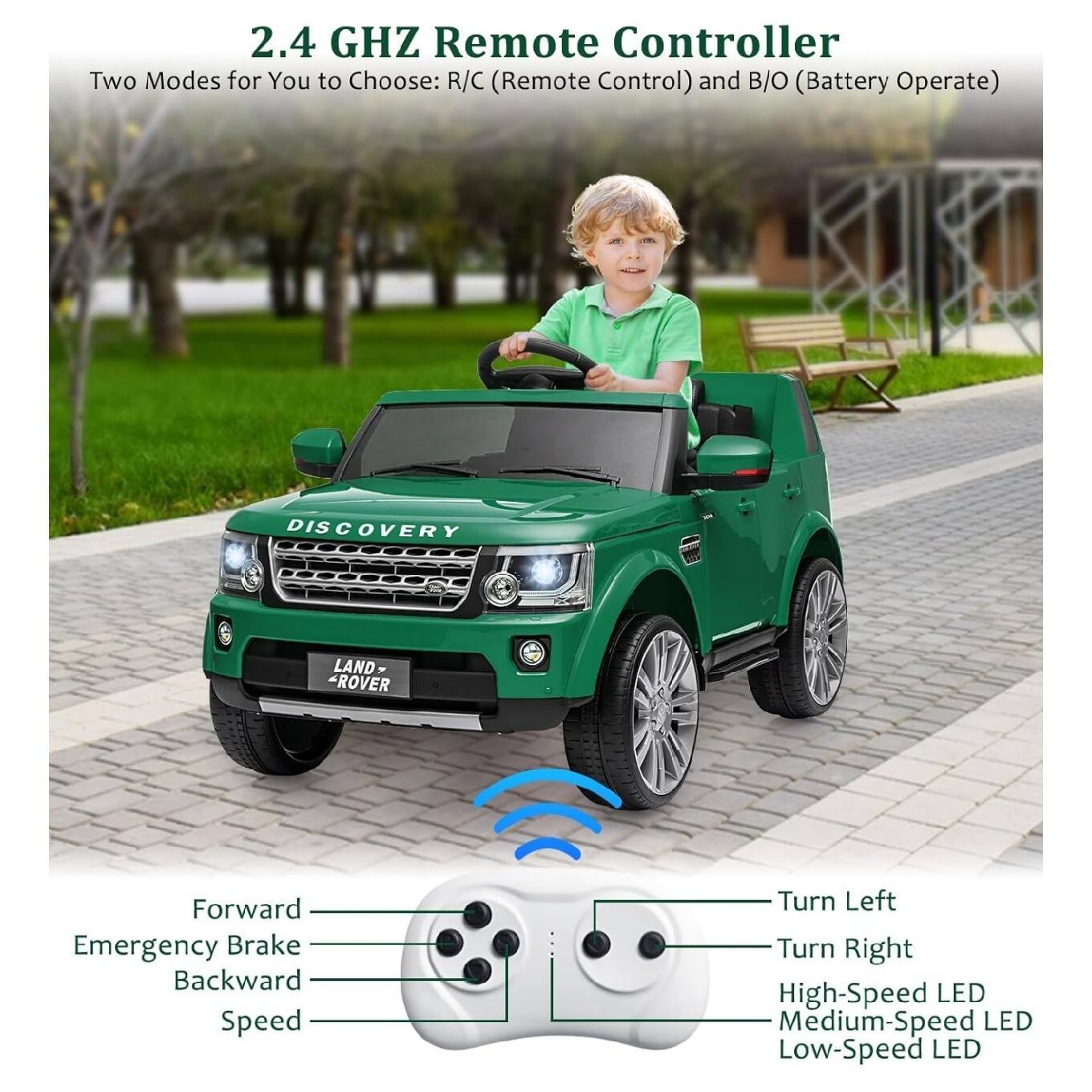 2.4 GHZ Remote Controller  
Two Modes for You to Choose: R/C (Remote Control) and B/O (Battery Operate)  

DISCOVERY DISC LAND 4 ROVER  
Forward  
Emergency Brake  
Backward  
Speed  
Turn Left  
Turn Right  
High-Speed LED  
Medium-Speed LED  
Low-Speed LED