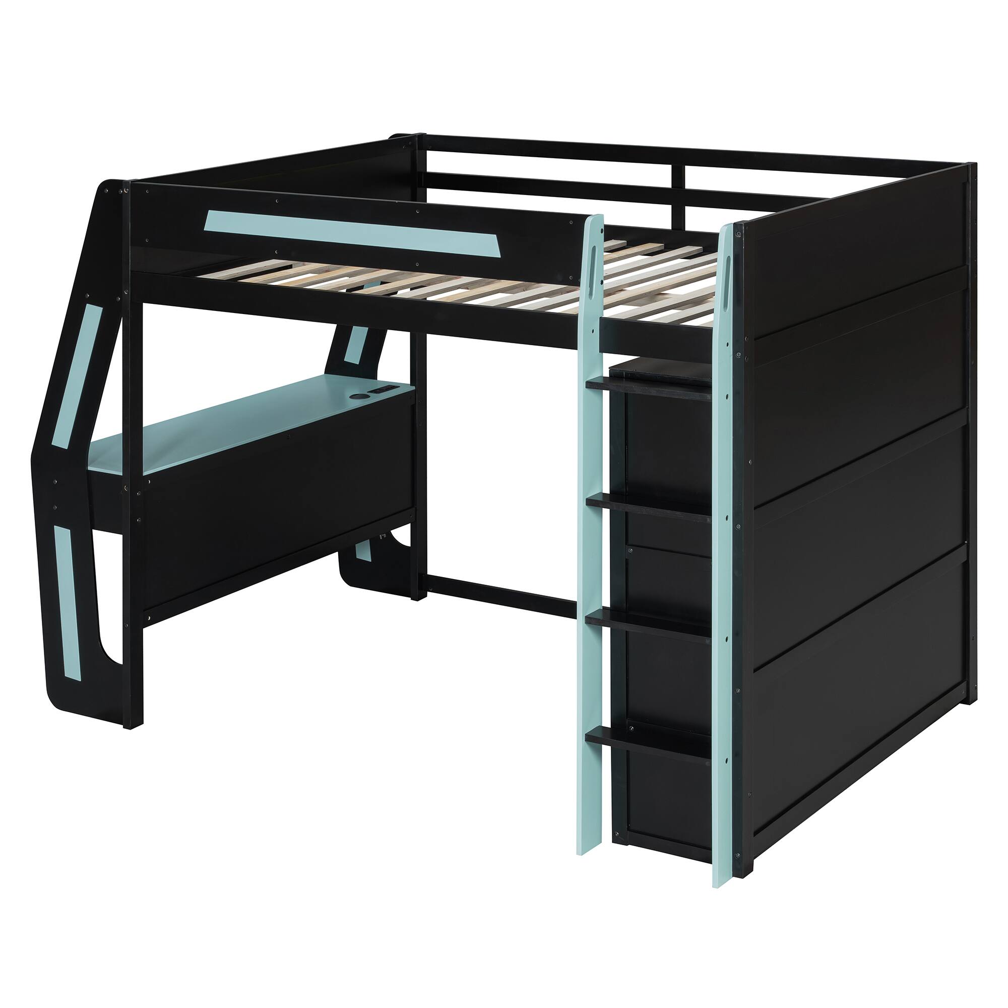 Alt View 2. Whisen - Full Size Gaming Loft Bed,Workstation Bed Frame with Built-in Desk,6 Storage Cubbies,USB Ports and RGB LED Lights - Black+Blue.