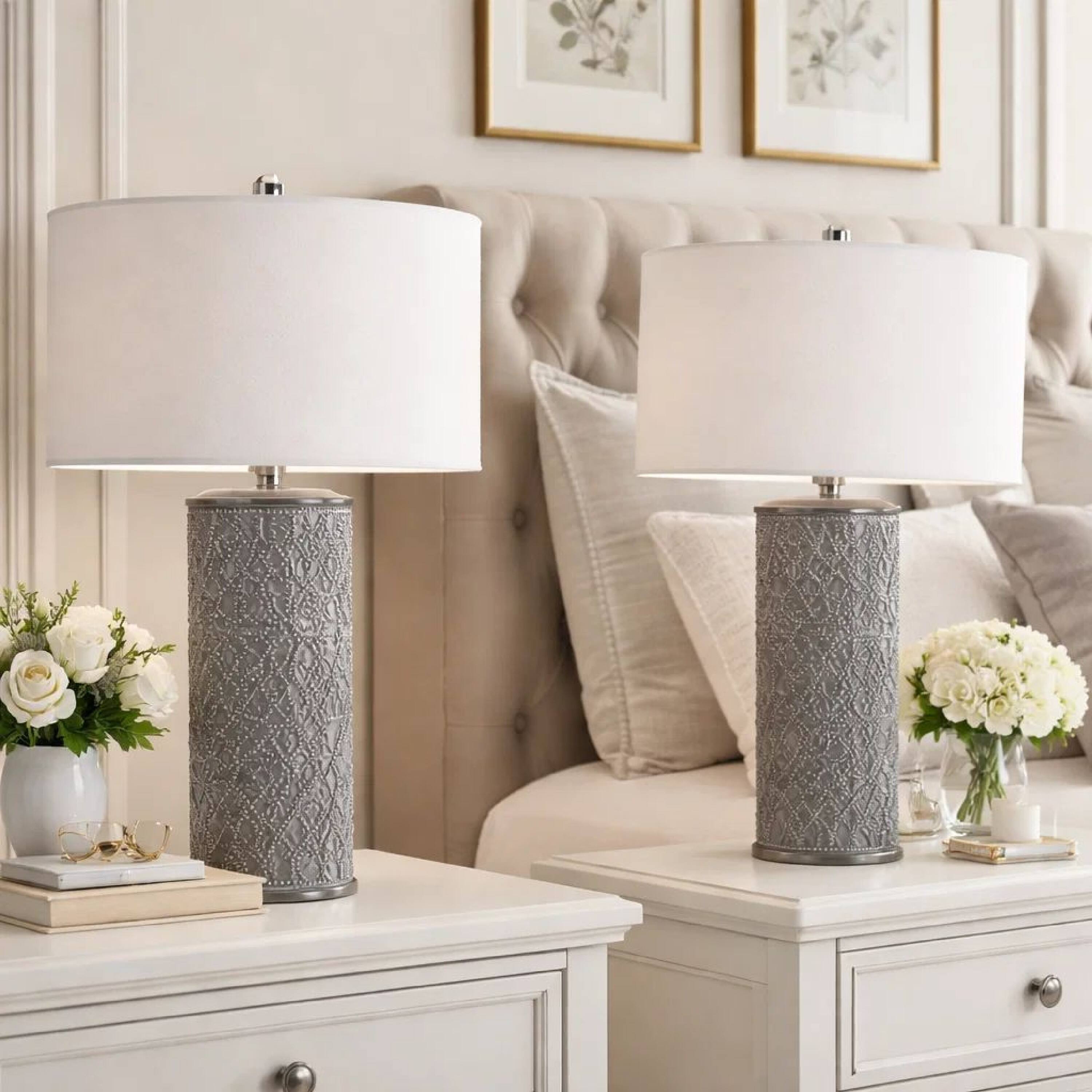 Alt View 2. Manhattan Lane - 29 Inch Accent Table Lamp Set of 2, Tall Cylinder, Ball Finial Accent - White, Silver, and Gray.