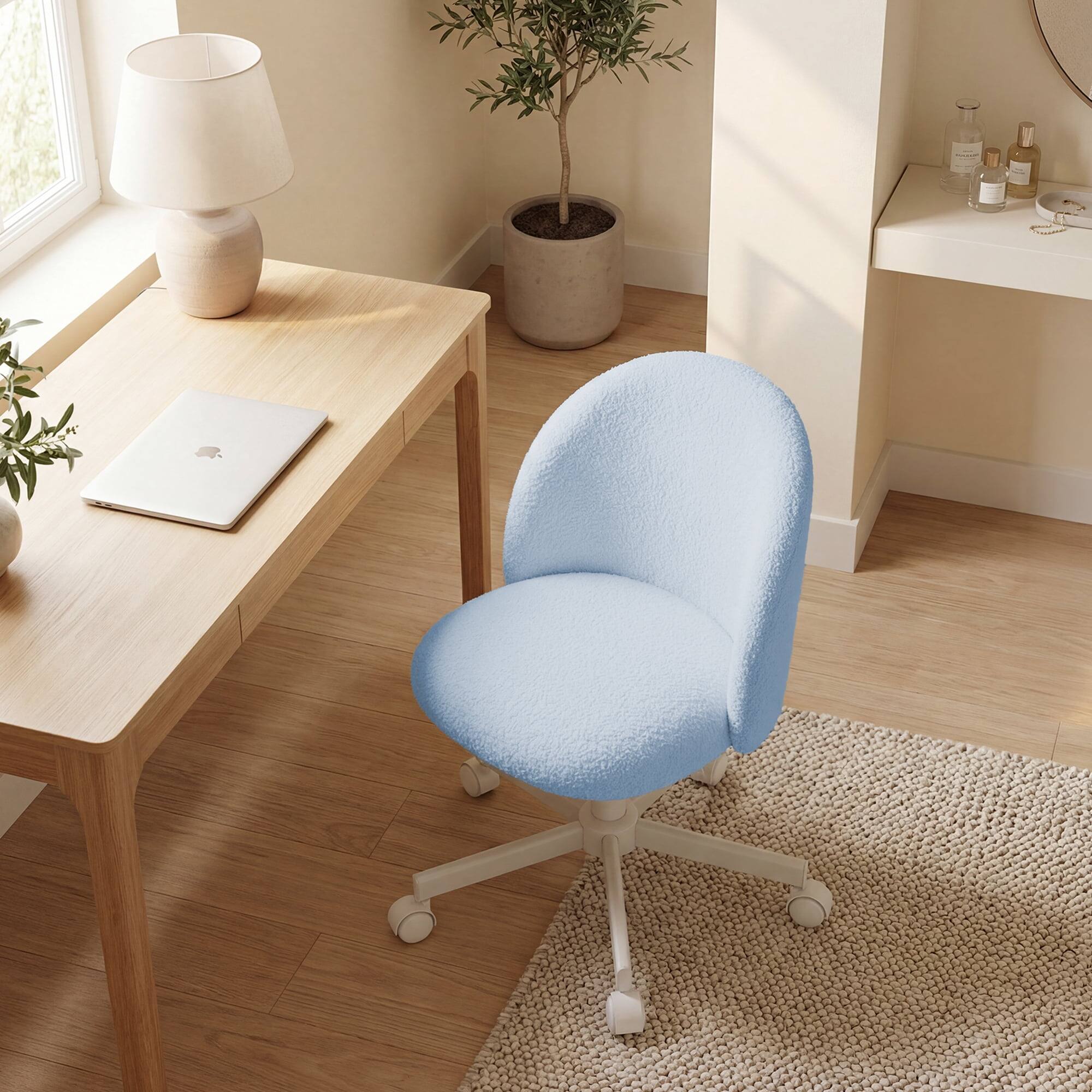Angle. Neo Chair - Office Vanity Chair with Wheels Comfy Desk Chair for Girls Cute Computer Small Armless Adjustable Height Swivel - Blue.