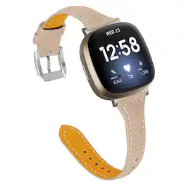 StrapsCo - Slim Everyday Genuine Leather Watch Band Strap For Fitbit Versa 4 - Beige