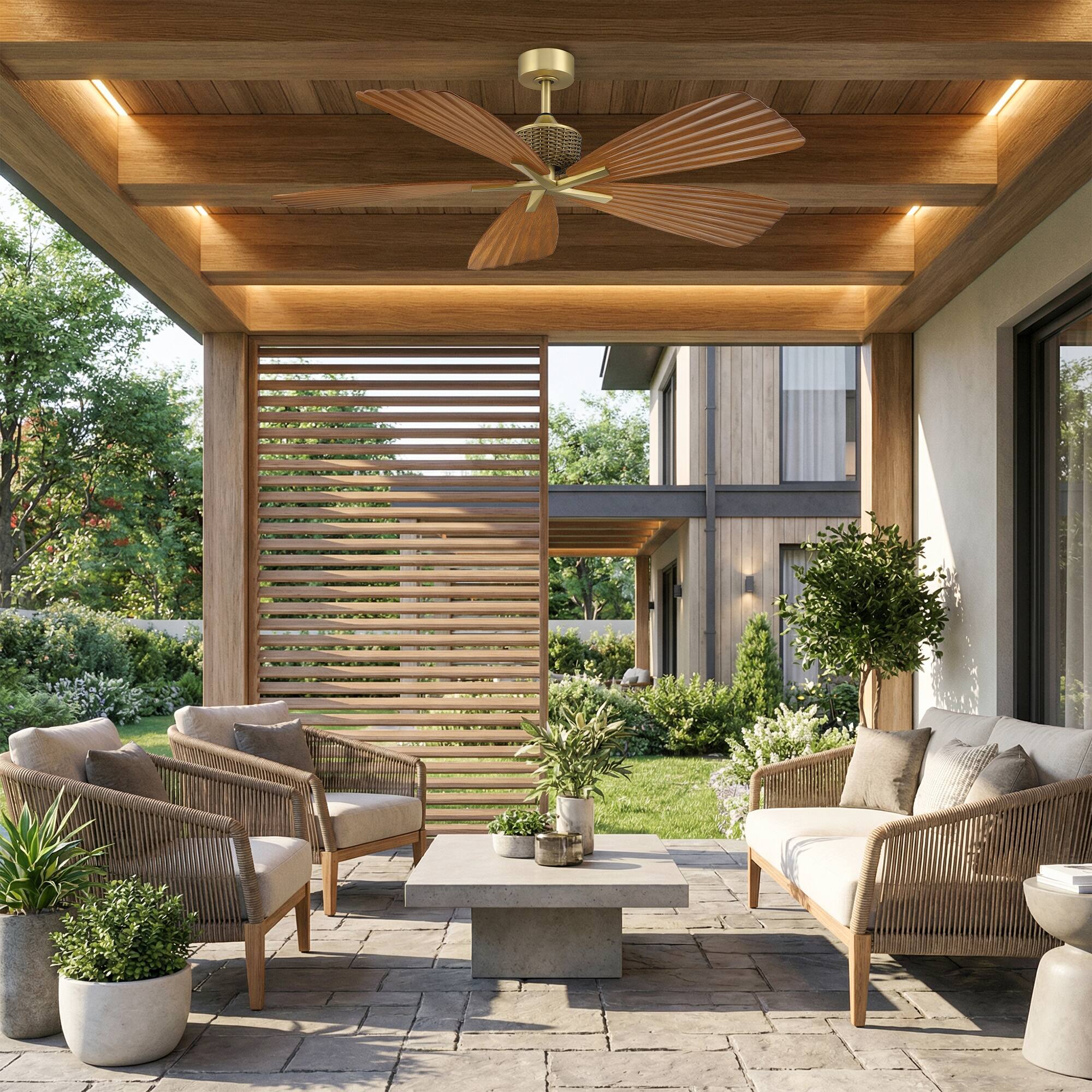Angle. Parrot Uncle - 56" Brown Tropical Pleated Leaf 5-Blade Indoor Outdoor Ceiling Fan with Remote, No Light - Gold.