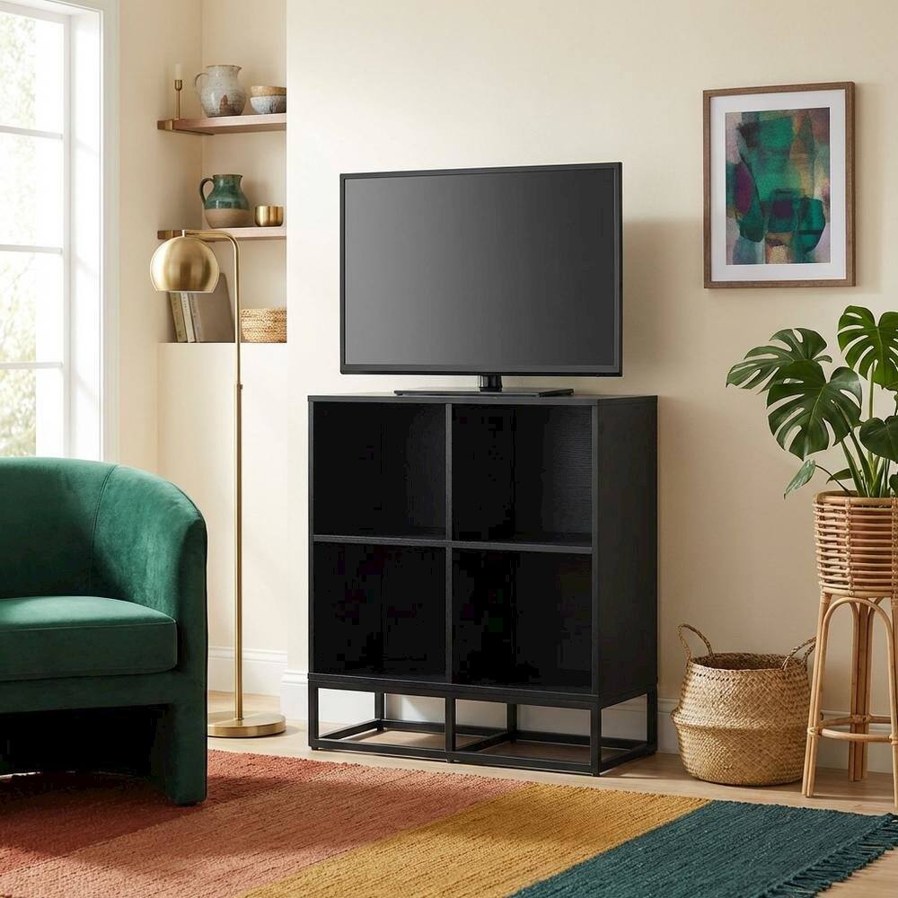 Alt View 2. FurniFact - Dark Wood Finish 4-Cube Record Player Stand with Vinyl Storage - White.