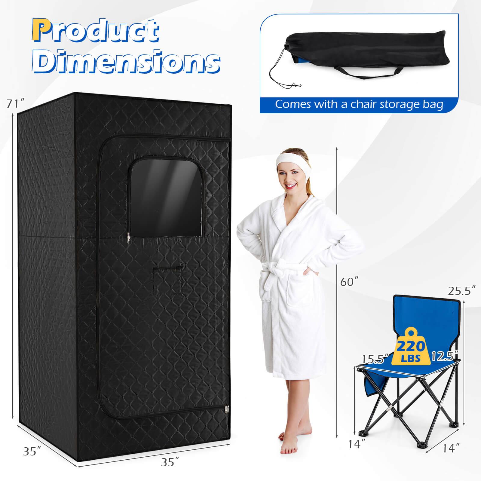 Product Dimensions:  
- 71"  
- 35" x 35" x 14"  
- 60" x 25.5" x 15.5" x 12.5"  
- 220 LBS  
- Comes with a chair storage bag
