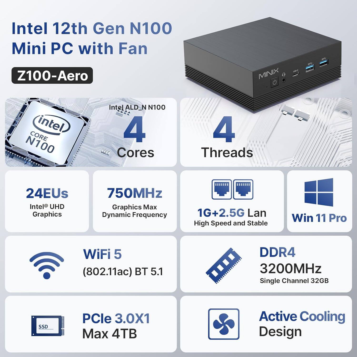 Intel 12th Gen N100 Mini PC with Fan  
Z100-Aero  

Intel ALD_N N100  
4 Cores  
4 Threads  
24EUs Intel UHD Graphics  
750MHz Graphics Max Dynamic Frequency  
1G+2.5G Lan High Speed and Stable  
Win 11 Pro  
WiFi 5 (802.11ac) BT 5.1  
DDR4 3200MHz Single Channel 32GB  
PCIe 3.0X1 Max 4TB  
Active Cooling Design