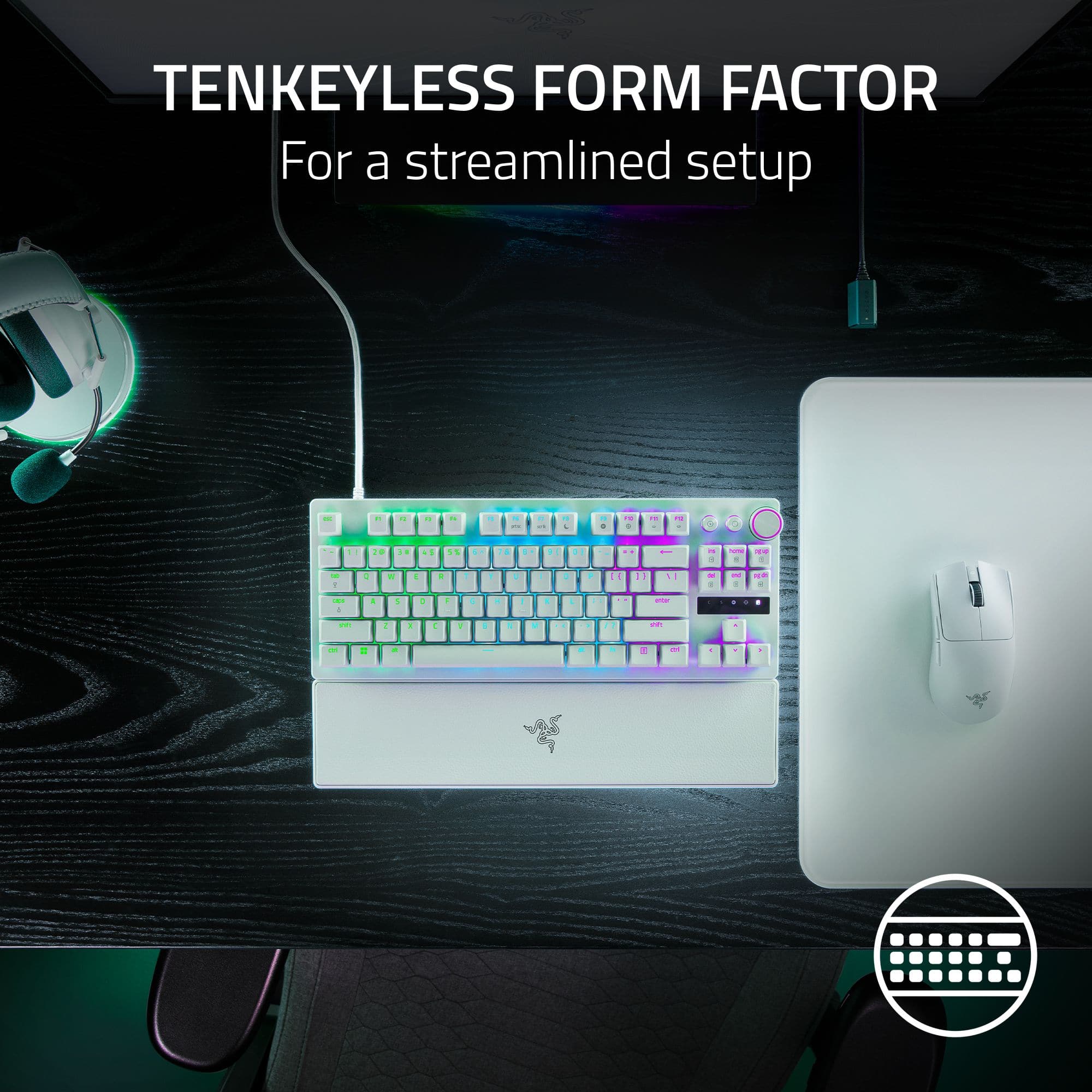 Tenkeyless form factor for a streamlined setup.