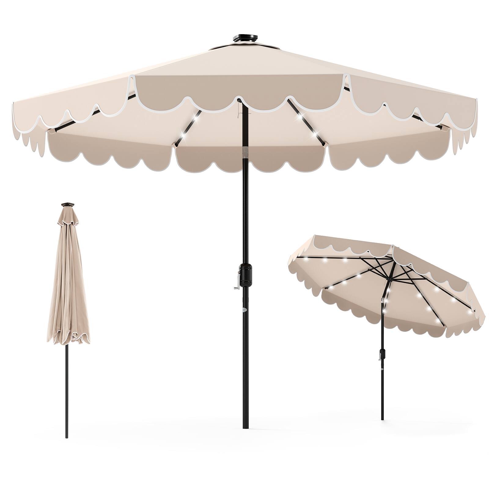 Gymax - 9.3 FT Solar Patio Umbrella w/ 32 LED Lights & Vented Top & Ruffles - Beige price history on PriceWatchPro