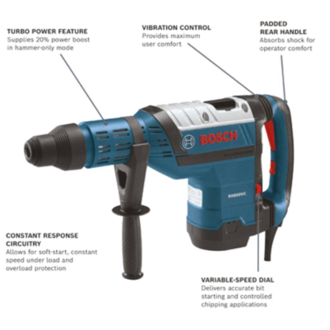 - **TURBO POWER FEATURE**  
  Supplies 20% power boost in hammer-only mode

- **VIBRATION CONTROL**  
  Provides maximum user comfort

- **PADDED REAR HANDLE**  
  Absorbs shock for operator comfort

- **CONSTANT RESPONSE CIRCUITRY**  
  Allows for soft-start, constant speed under load and overload protection

- **VARIABLE-SPEED DIAL**  
  Delivers accurate bit starting and controlled chipping applications