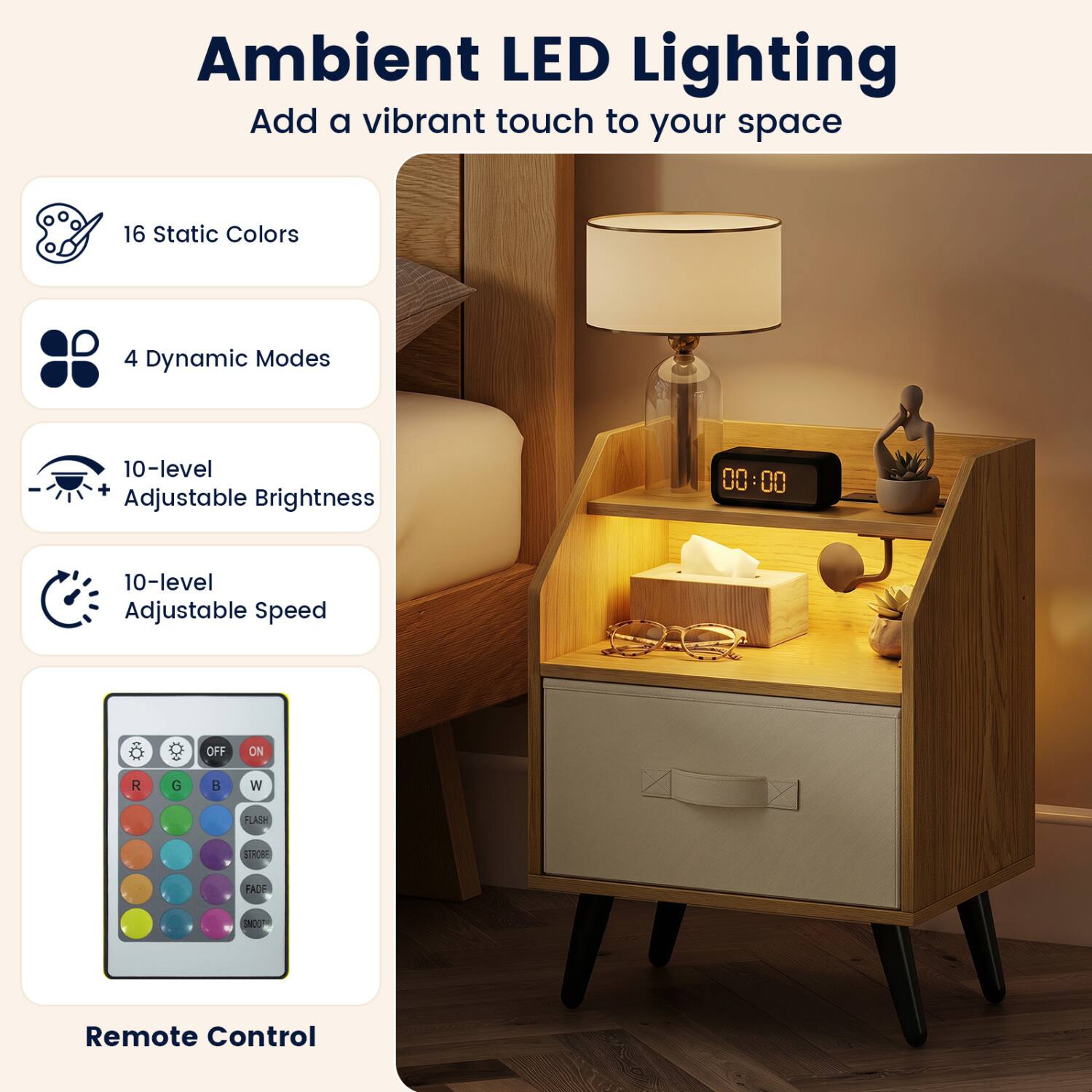 Ambient LED Lighting  
Add a vibrant touch to your space

- 16 Static Colors
- 4 Dynamic Modes
- 10-level Adjustable Brightness
- 10-level Adjustable Speed
- OFF
- ON
- R
- G
- B
- W
- FLASH
- STROBE
- FADE
- SMOOTH
- Remote Control