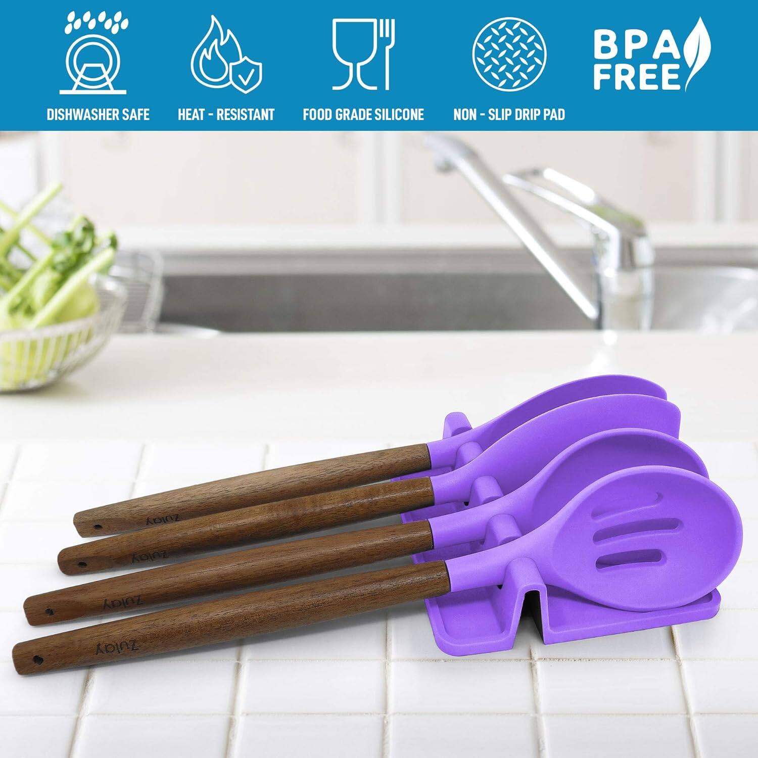 BPA FREE  
DISHWASHER SAFE  
HEAT-RESISTANT  
FOOD GRADE SILICONE  
NON-SLIP DRIP PAD  

Zulay