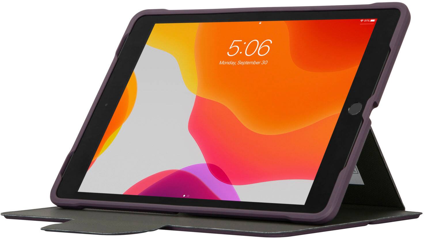 The image shows a tablet with a purple case, displaying the time of 5:06. The date is September 30th.