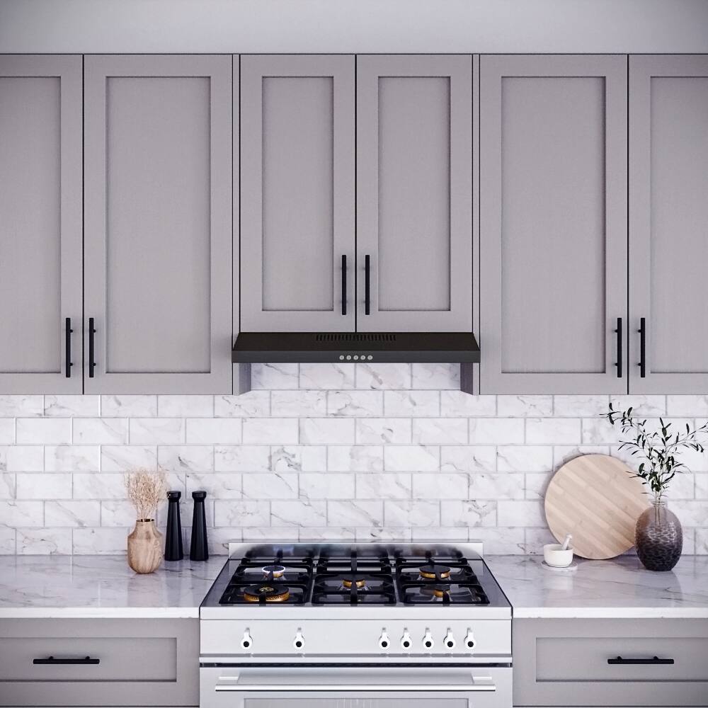 Left. Streamline - 30 in. Castellaro Ductless Undermount 80 CFM Range Hood, Mesh Filters, Push Button Control, LED Light - Grit Black.