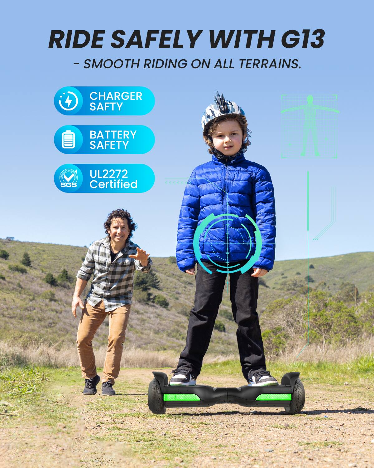 RIDE SAFELY WITH G13 - SMOOTH RIDING ON ALL TERRAINS.

CHARGER SAFETY
BATTERY SAFETY
UL2272 SGS Certified