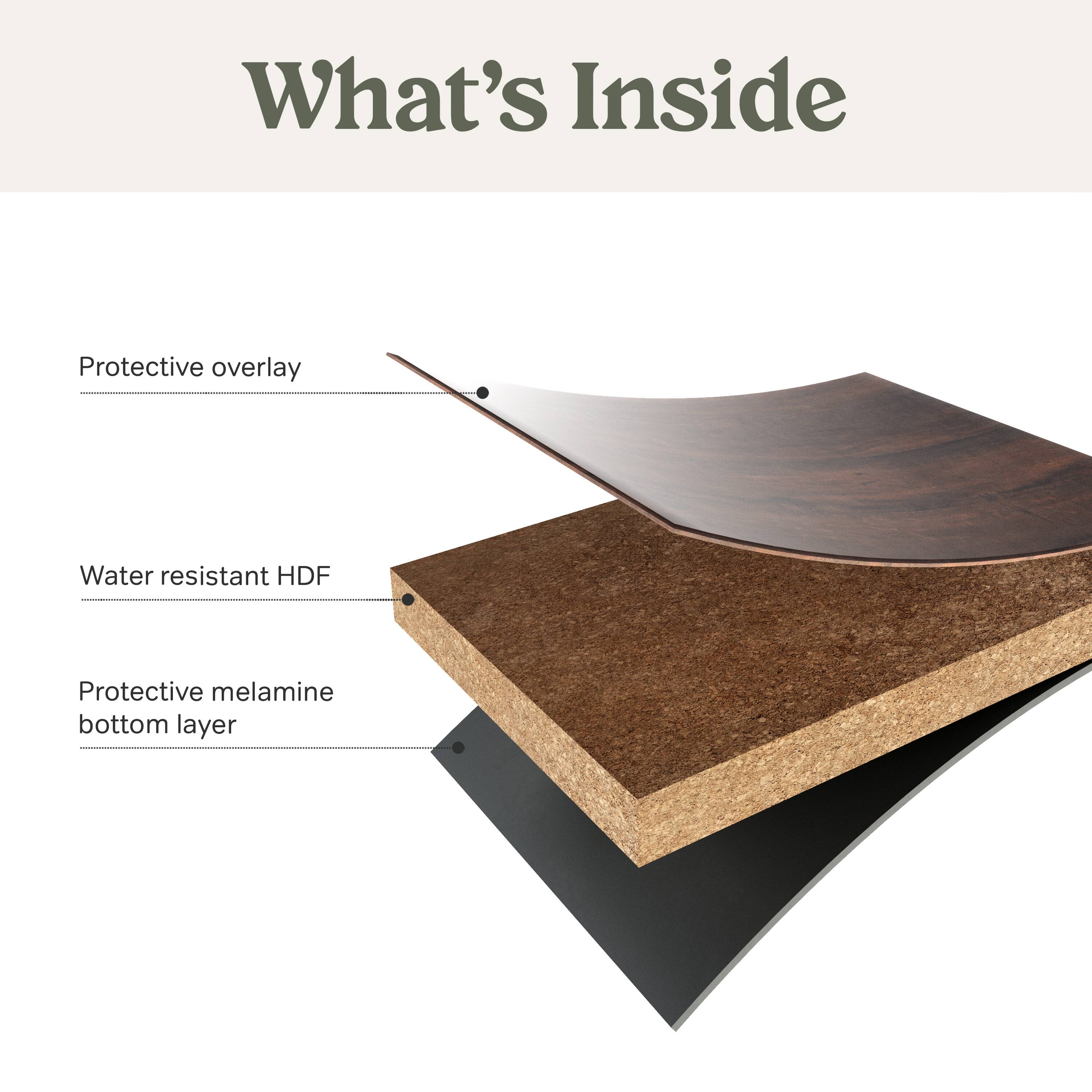 What's Inside

- Protective overlay
- Water resistant HDF
- Protective melamine bottom layer