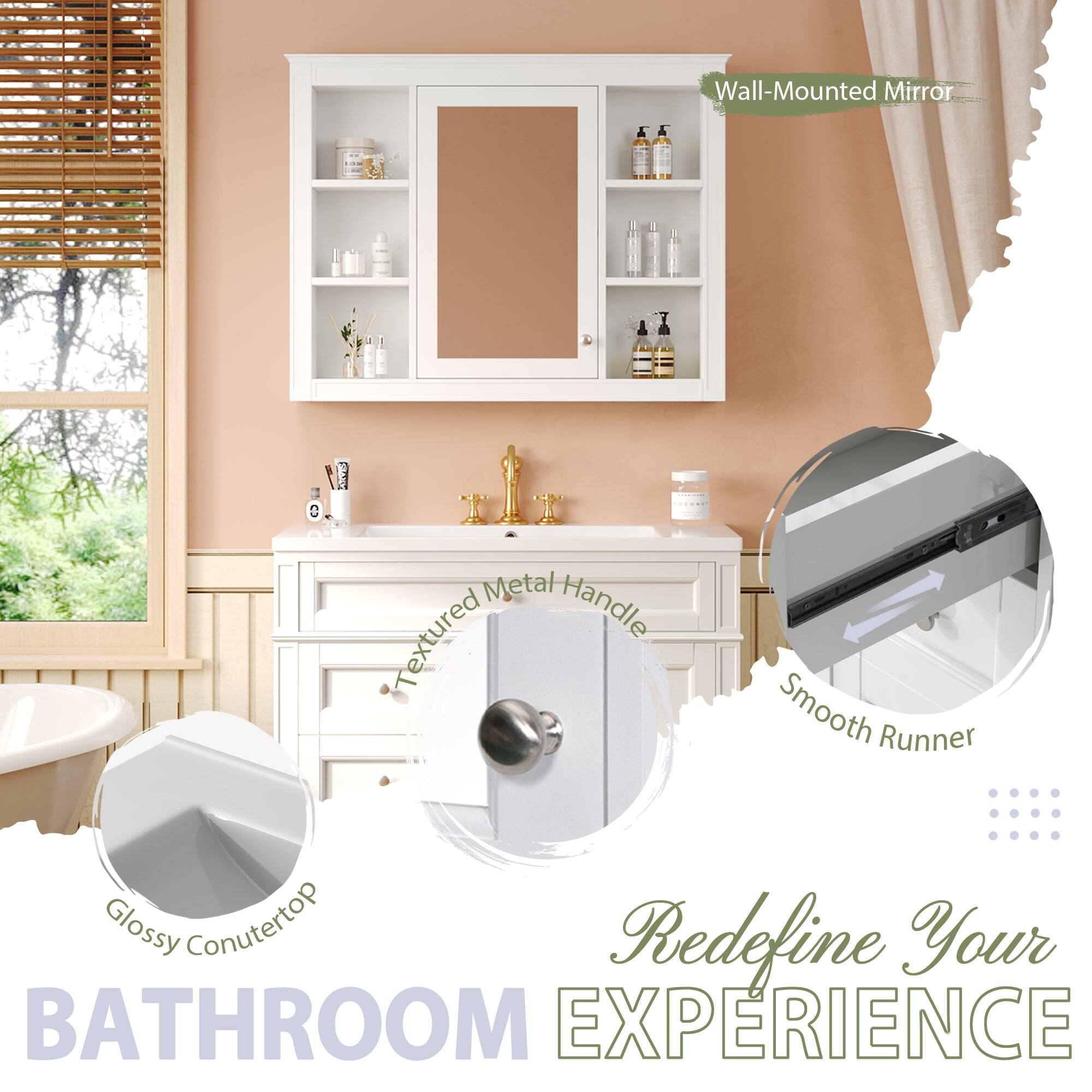 Wall-Mounted Mirror  
Metal Textured Handle  
Smooth Runner  
Glossy Countertop  
Redefine Your BATHROOM EXPERIENCE