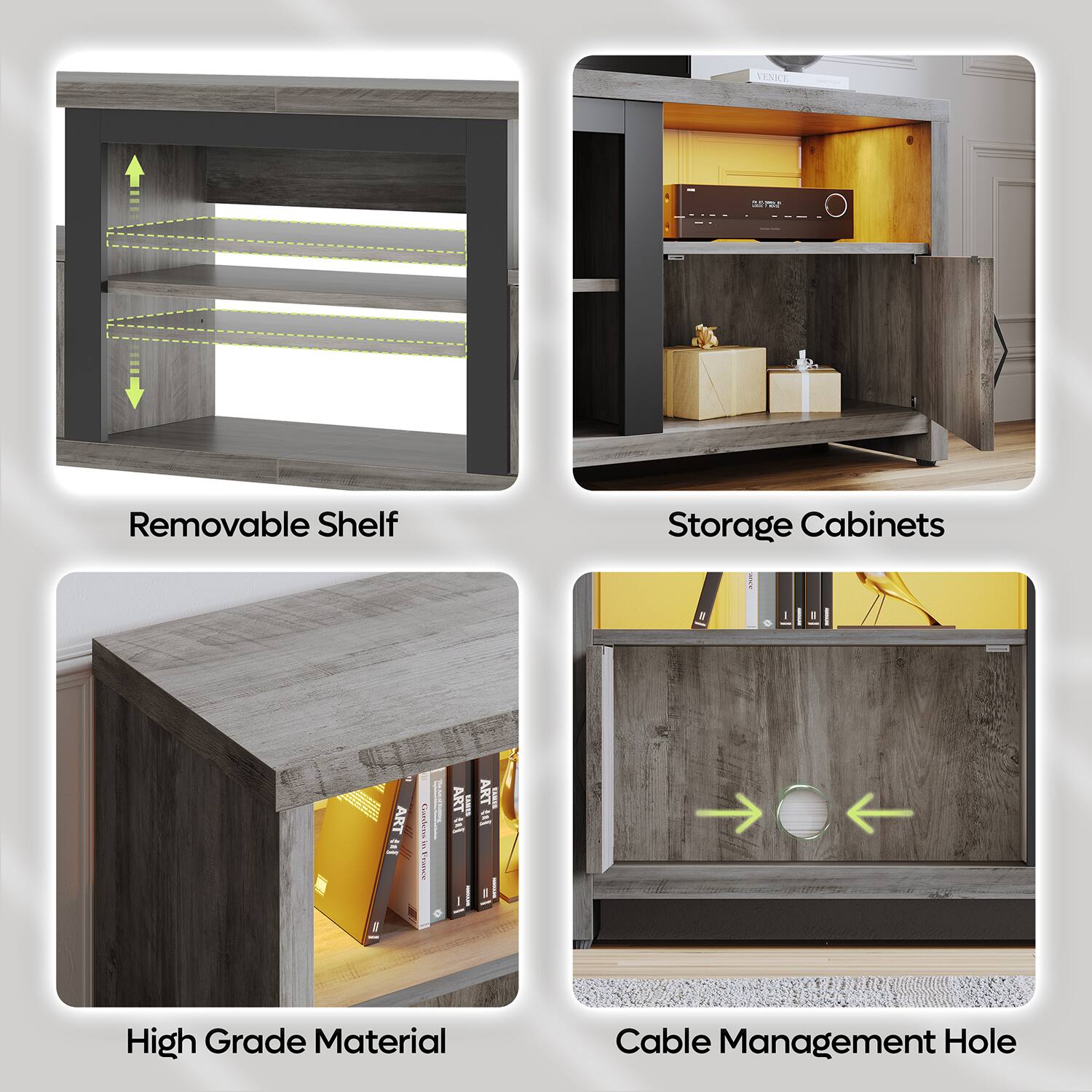 The image shows a storage cabinet with four different features: removable shelf, storage cabinets, high-grade material, and a cable management hole. The cabinet is made of wood and has a modern design. The storage compartments are designed to maximize the use of space and provide easy access to stored items. The high-grade material ensures durability and longevity, while the cable management hole allows for easy organization of cables and wires.