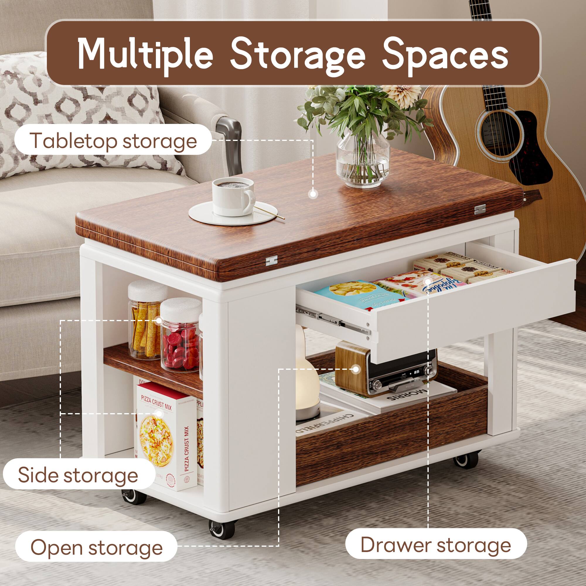 Multiple Storage Spaces

- Tabletop storage
- Side storage
- Open storage
- Drawer storage