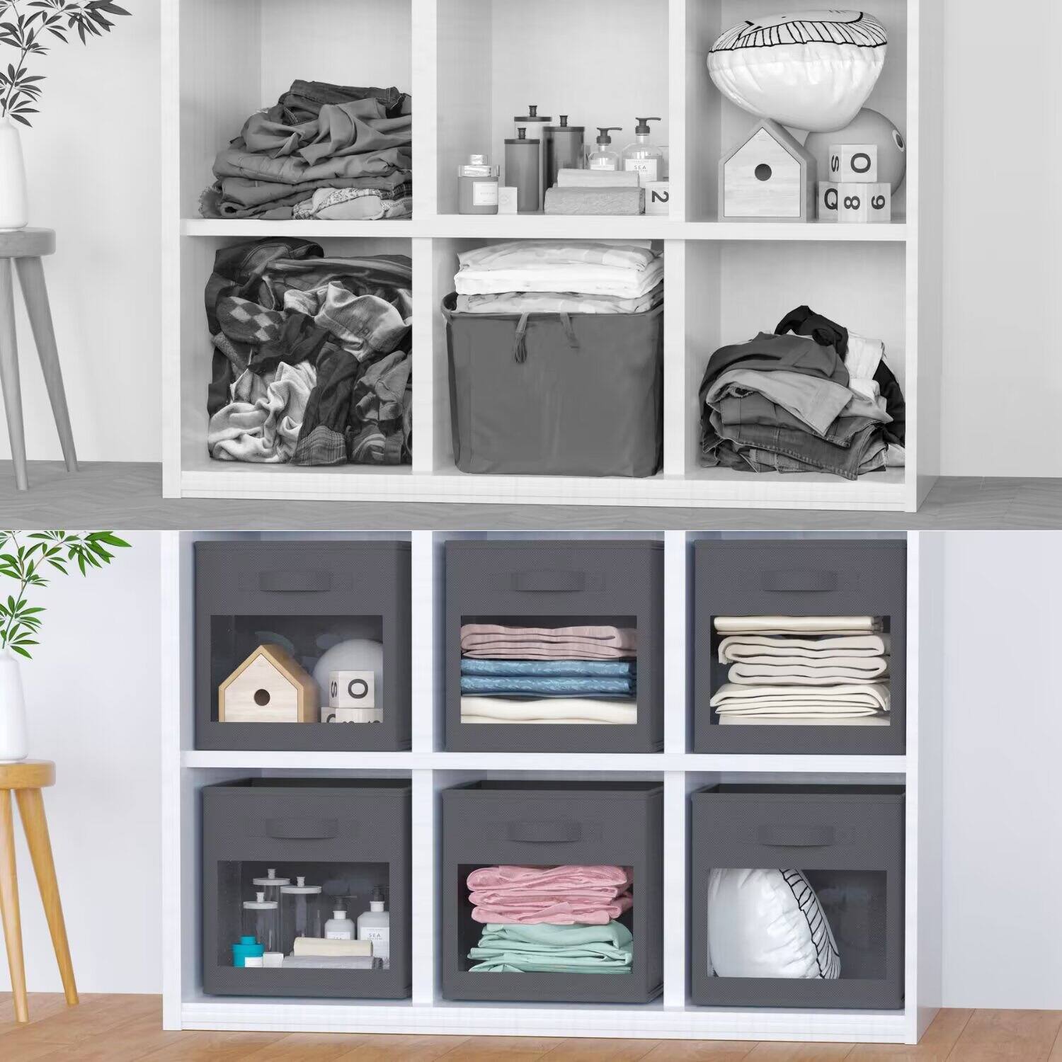 Alt View 1. Tooloton - 6-Pack Clear Window Fabric Storage Cubes, 11 Inch Foldable Organizer Bins for Home, Grey - Grey.