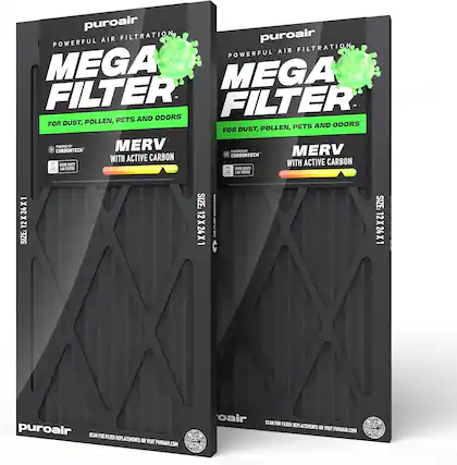 puroair POWERFUL AIR FILTRATION
puroair AIR FILTRATION POWERFUL MEGA FILTER
FILTER FOR DUST, POLLEN, PETS AND ODORS
POWERED BY MERV
POWERED BY MERV ACTIVE CARBON
CARBONTECH
THIRD PARTY LAB TESTED
SIZE: 12X24X1
puroair
SCAN FOR FILTER REPLACEMENTS OR VISIT PUROAIR.COM