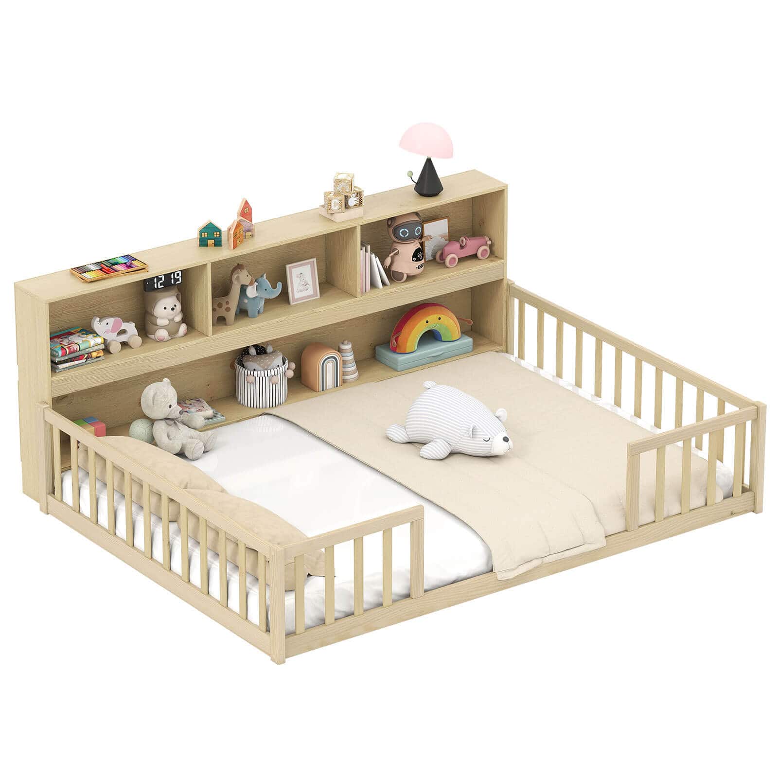Costway - Full Size Montessori Floor Bed with Bookcase Storage Shelves & Safety Fence Rails - Natural