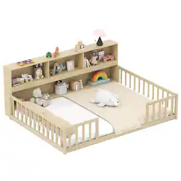 Costway - Full Size Montessori Floor Bed with Bookcase Storage Shelves & Safety Fence Rails - Natural