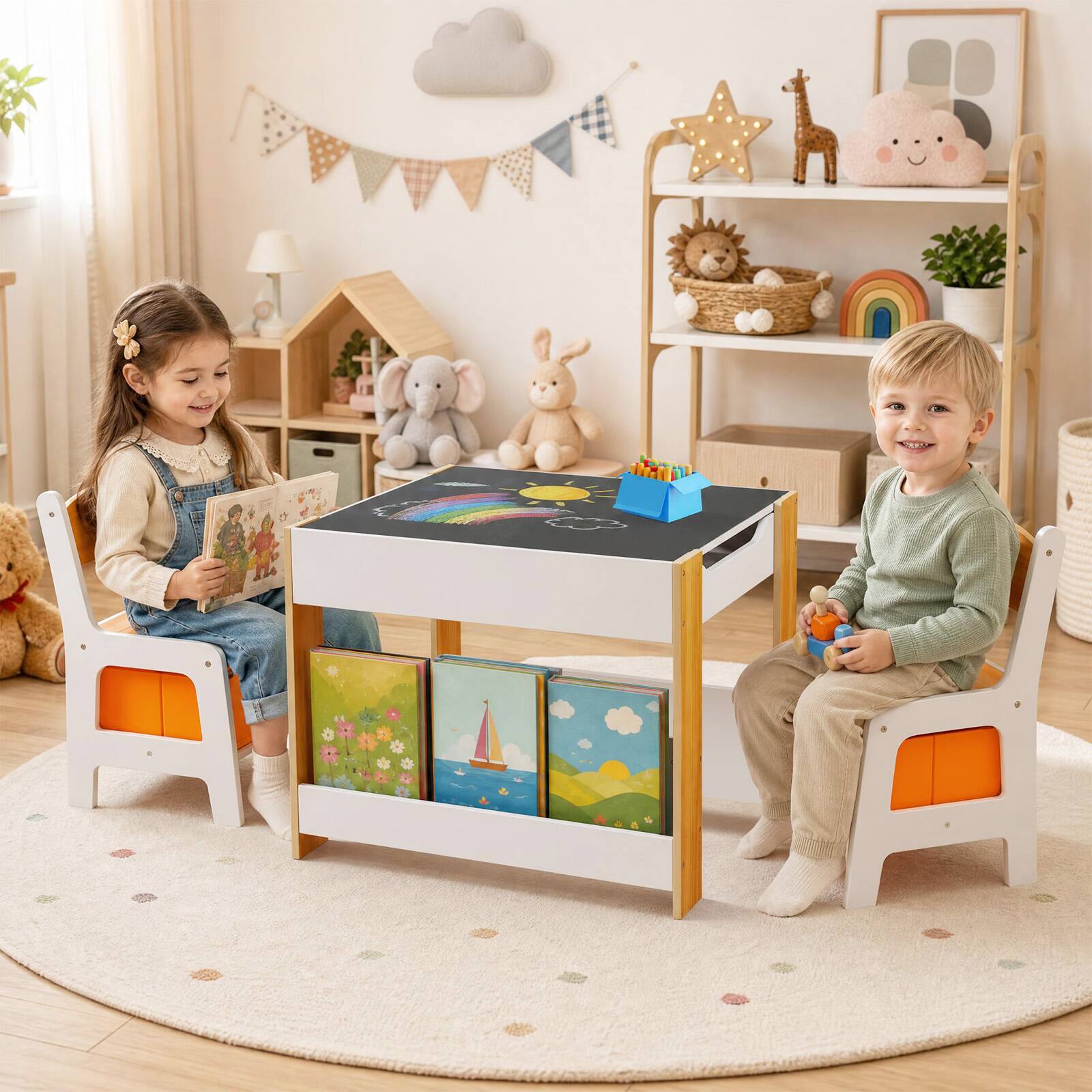 Alt View 3. Costway - Costway 4-in-1 Kids Table & Chair Set Toddler Wooden Activity Table with Side Bookshelves Beige - Beige.