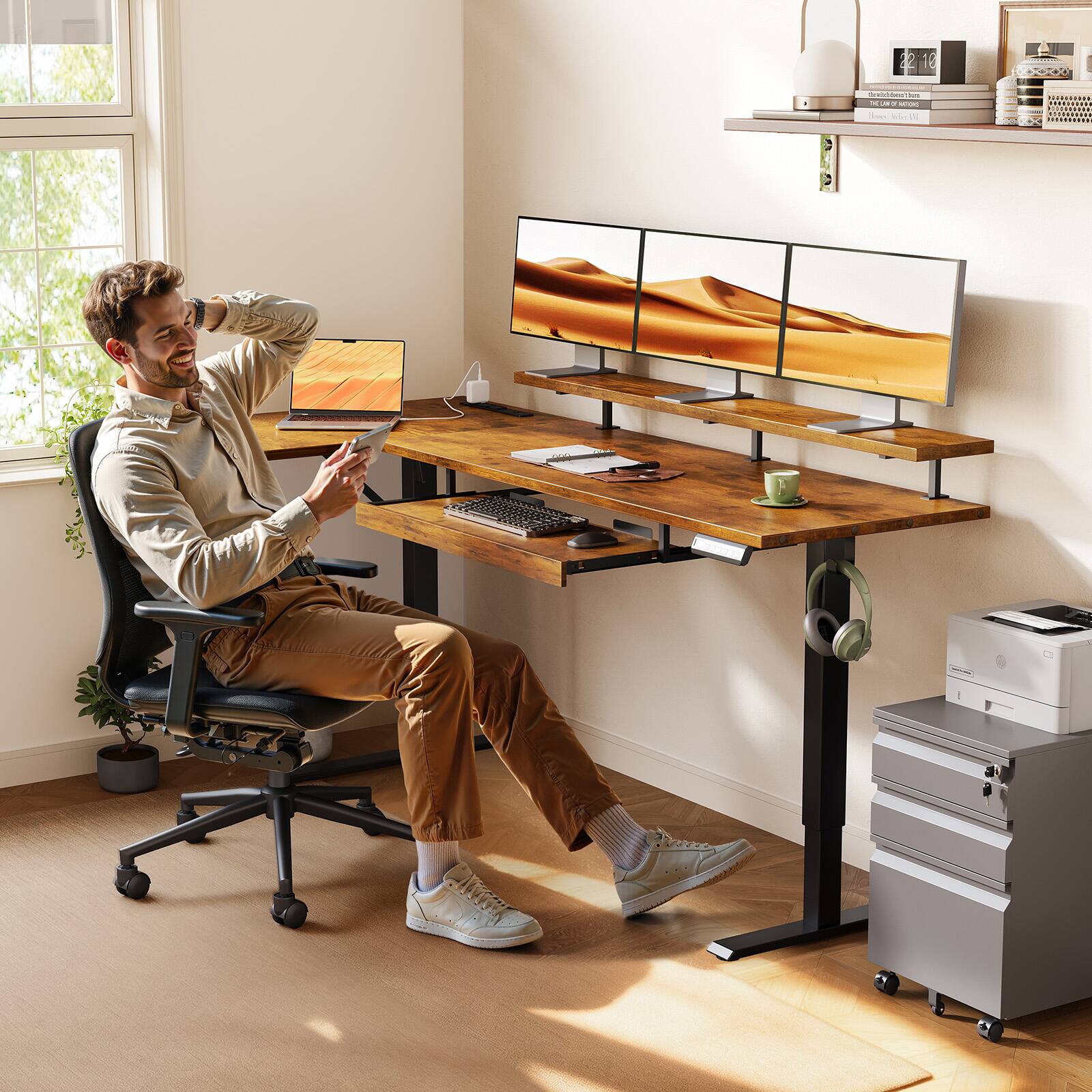 AODK Reversible L Shaped Electric Standing Desk with Drawers