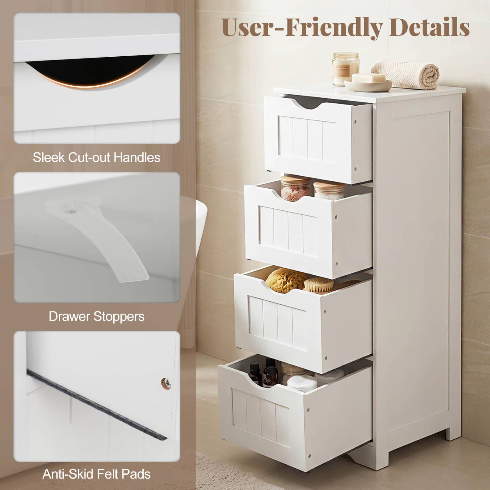 User-Friendly Details  
Sleek Cut-out Handles  
Drawer Stoppers  
Anti-Skid Felt Pads