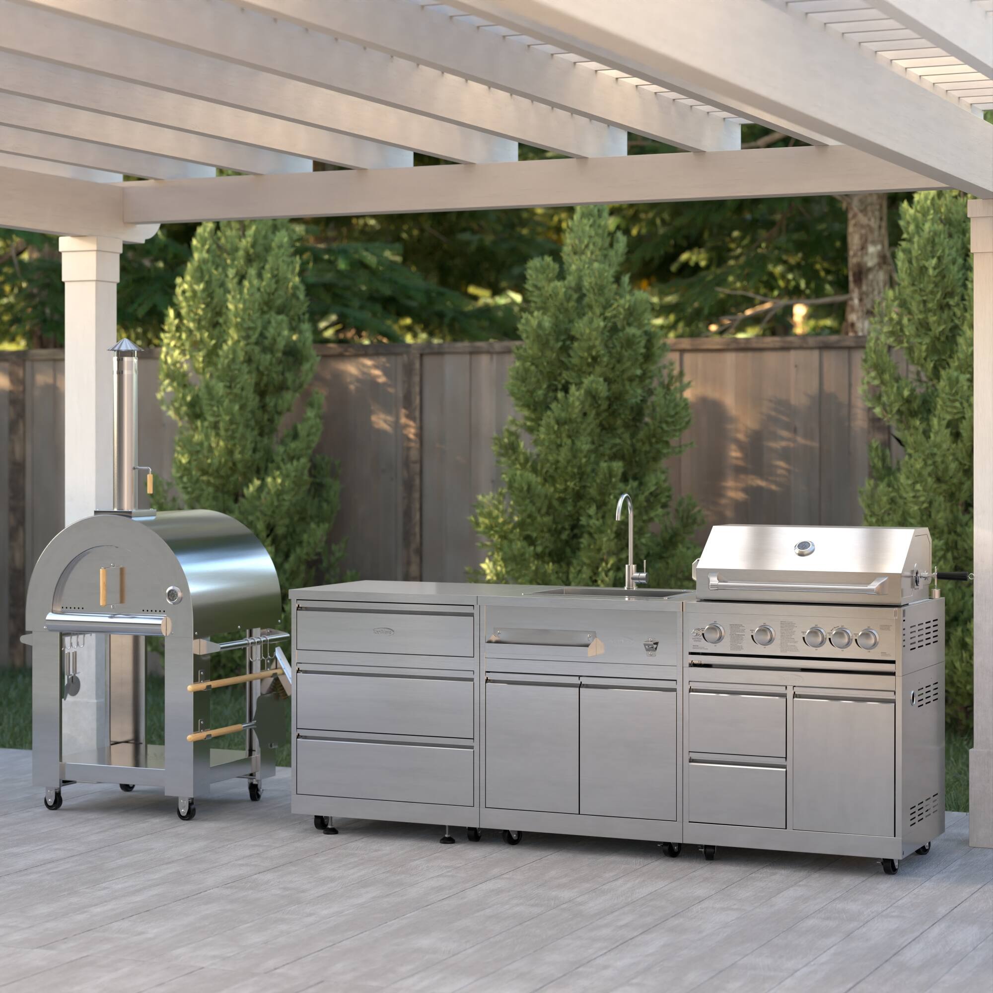 Angle. Koolmore - Outdoor Modular Kitchen with a Wood fire Pizza Oven, 3 Drawer Cabinet, Sink, 30 in. BBQ Grill and Cabinet - Stainless Steel.