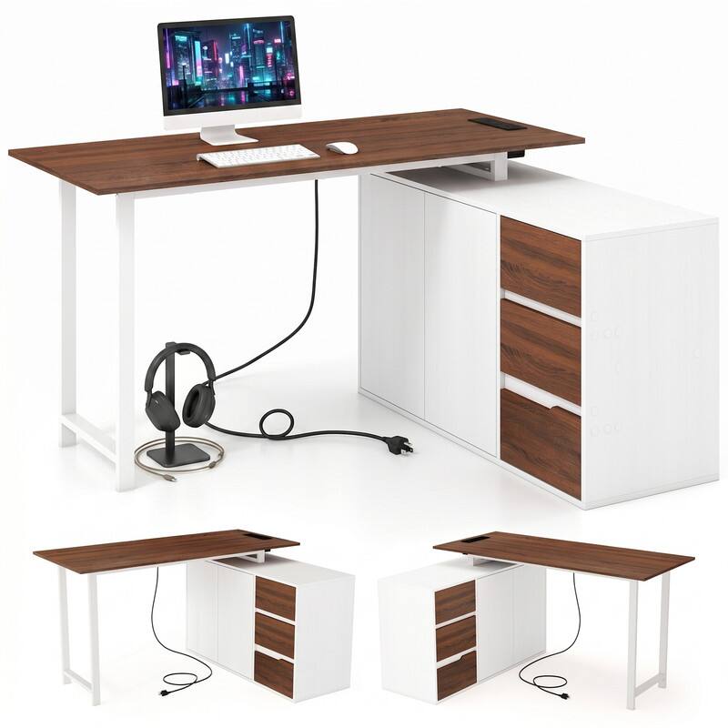 Left. WELLFOR - 54.5" L Shape Desk with File Cabinet and Power Outlet, Reversible Computer Desk For Home Office - White.