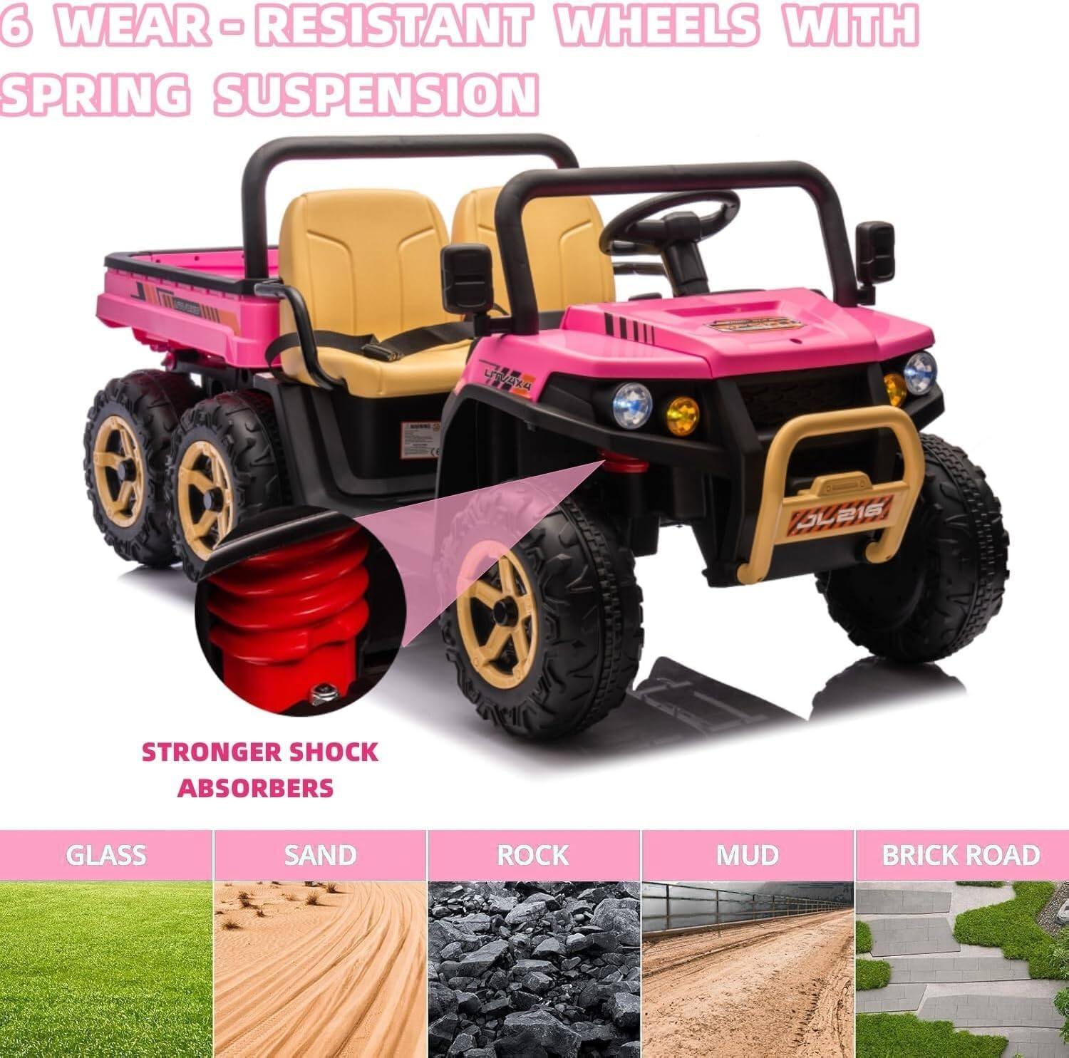 6 WEAR-RESISTANT WHEELS WITH SPRING SUSPENSION

STRONGER SHOCK ABSORBERS

GLASS  
SAND  
ROCK  
MUD  
BRICK ROAD