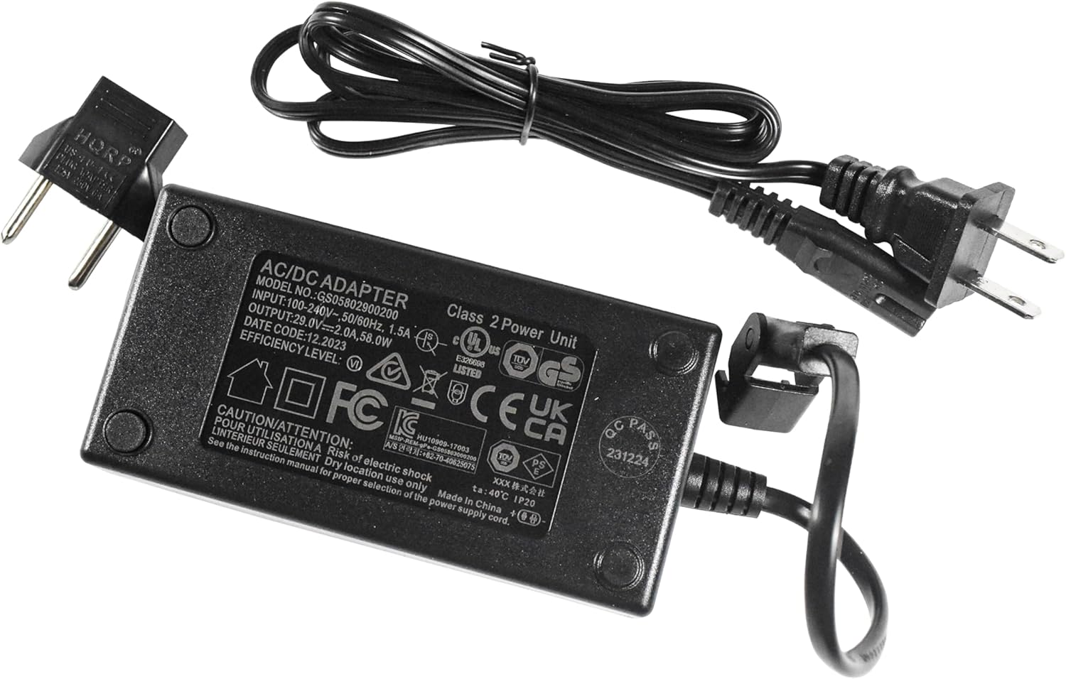 e PLING US HORP en MODEL AC/DC INPUT: 100-240V~, 50/60Hz. NO. ADAPTER DATE OUTPUT: 29.0V, 1.5A Class 2 CODE: 12.2023 Power Unit EFFICIENCY LEVEL: VI E325698 TOV LISTED POUR CAUTION/ATTENTION: FC KC CE CA UK See LINTERIEUR the UTILISATIONA A/S MAP PENU HU10909-17003 17003 instruction SEULEMENT Dry Risk of :+82-70-40625075 0505803049200 70-40625075 T0V manual electric PS for proper location use shock E selection only XXX of ta 40C the Made in IP20 power supply China + cord. e QC PASS 231224