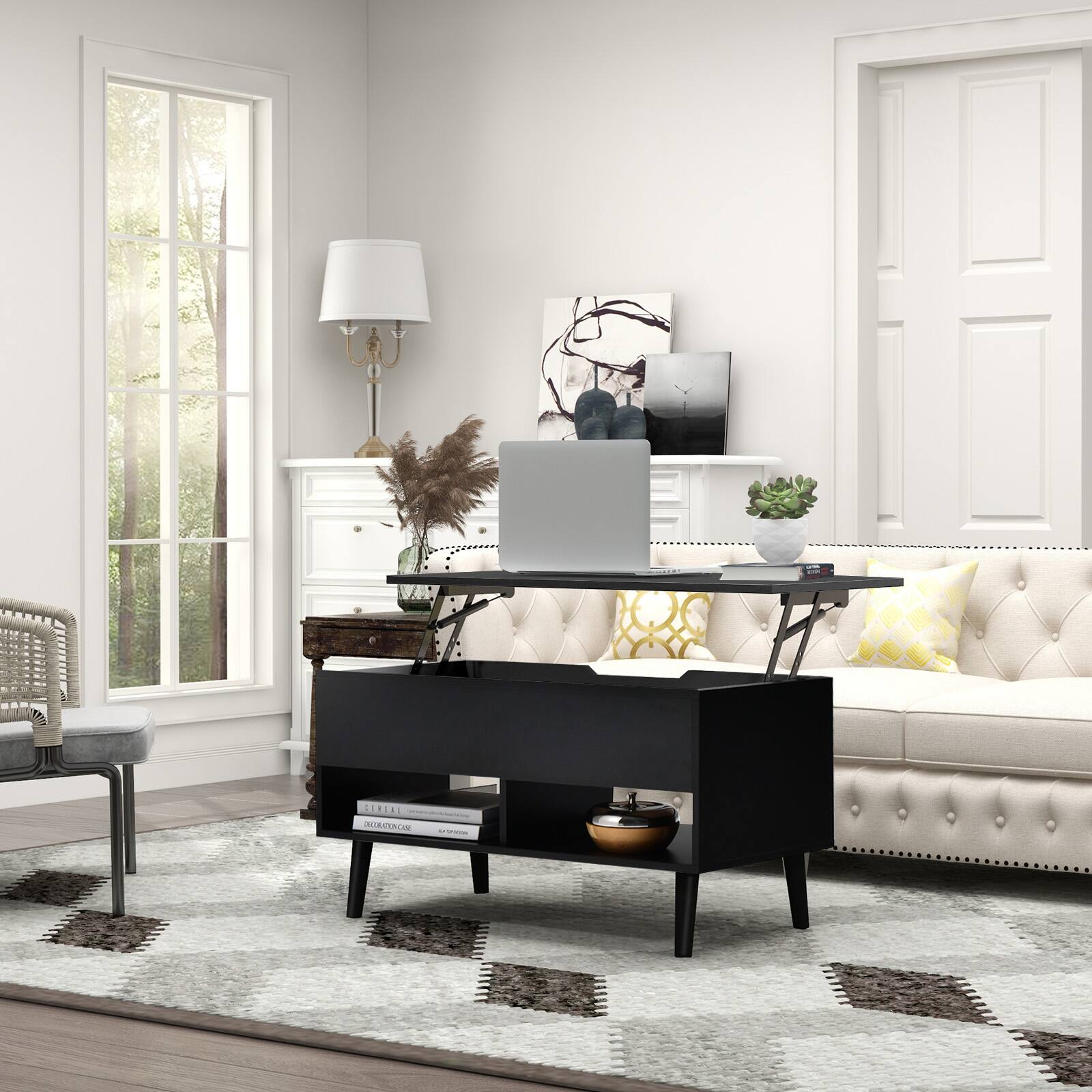 I cannot group or correct the text as it does not appear to be related to the image. The image shows a living room with a black desk, a laptop, a couch, a chair, and a window. There are also some decorative elements such as a vase and a potted plant.
