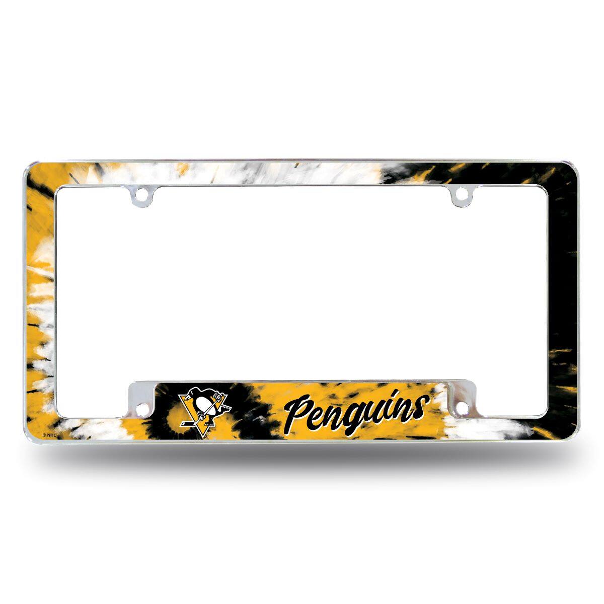 Pittsburgh Penguins Chrome Metal License Plate Frame with Bold Tie Dye Design