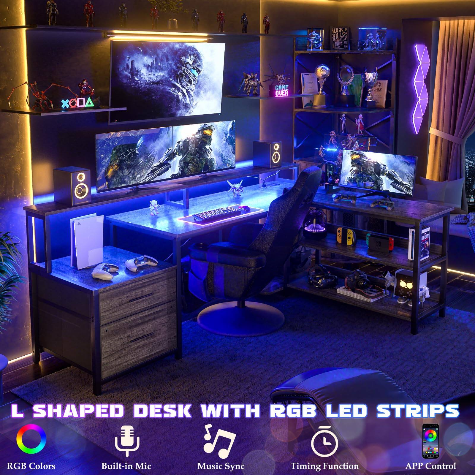 L Shaped Desk with RGB LED Strips  
RGB Colors  
Built-in Mic  
Music Sync  
Timing Function  
APP Control