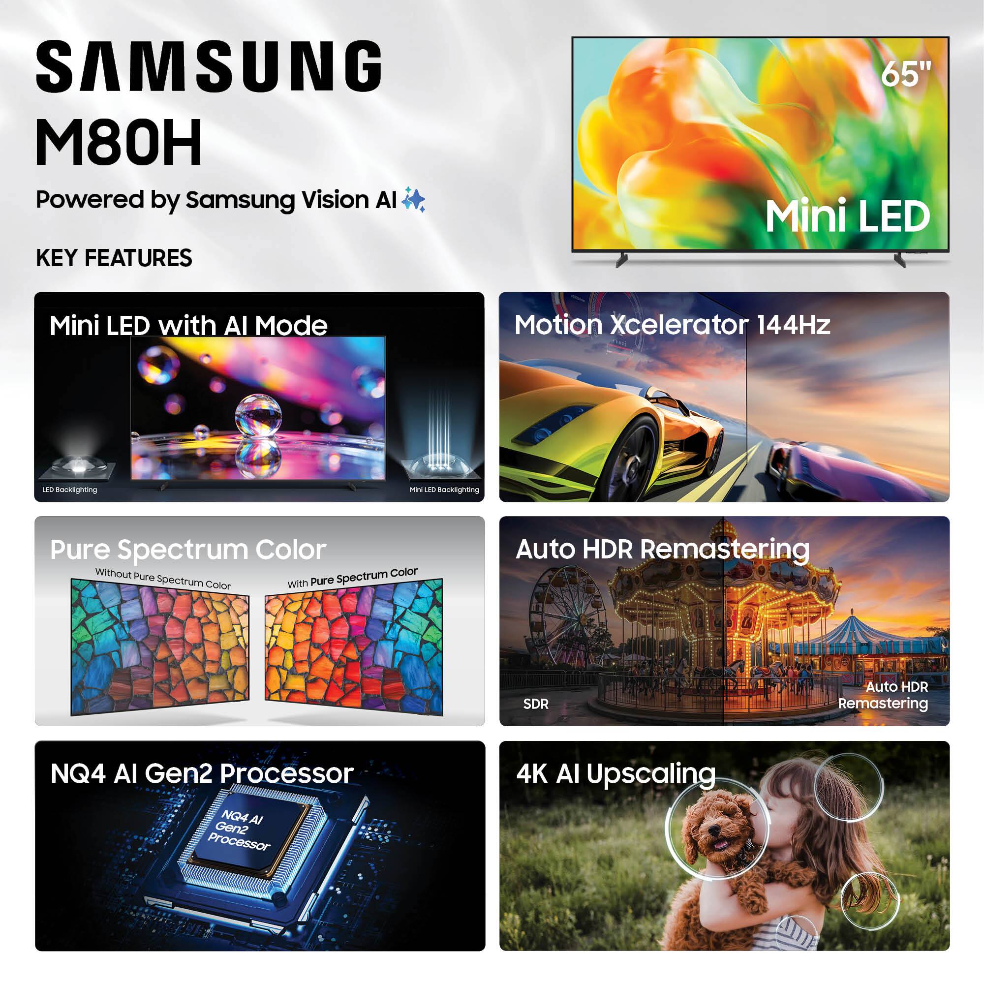 SAMSUNG M80H  
Powered by Samsung Vision AI  

KEY FEATURES  
- Mini LED with AI Mode  
- Motion Xcelerator 144Hz  
- Pure Spectrum Color  
- Auto HDR Remastering  
- NQ4 AI Gen2 Processor  
- 4K AI Upscaling
