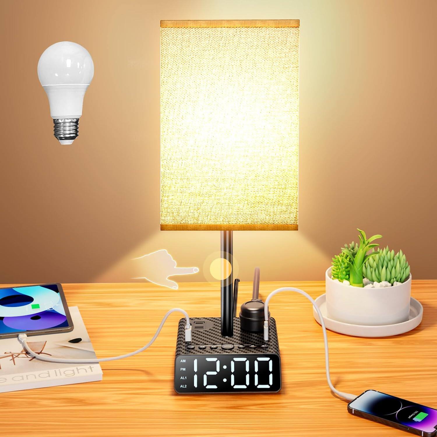 The Best Inks - Table Lamp Lamp USB Modern Touch metal with Ports Power Outlets Bedside Alarm Clock Base Extension Cord - Vintage