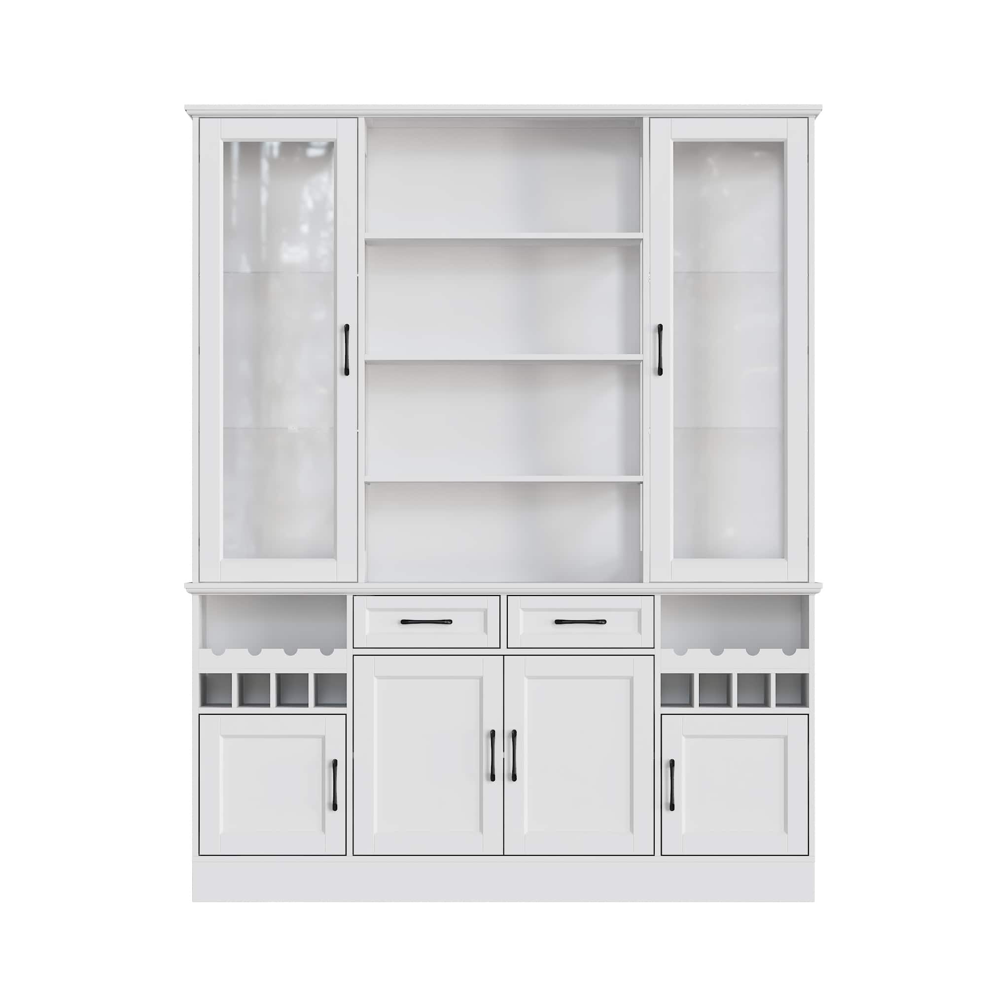 Famapy - Multi - functional Kitchen Storage Cabinet - Adjustable Shelves, Glass Doors & Wine Rack - White