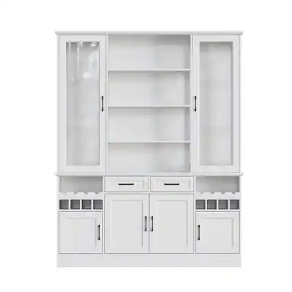 Front. Famapy - Famapy Multi - functional Kitchen Storage Cabinet - Adjustable Shelves, Glass Doors & Wine Rack - White.