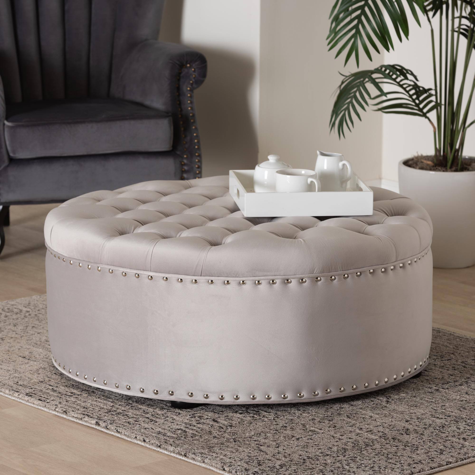 Alt View 1. Baxton Studio - Iglehart Modern and Contemporary Velvet Fabric Upholstered Tufted Cocktail Ottoman - Slate Gray.