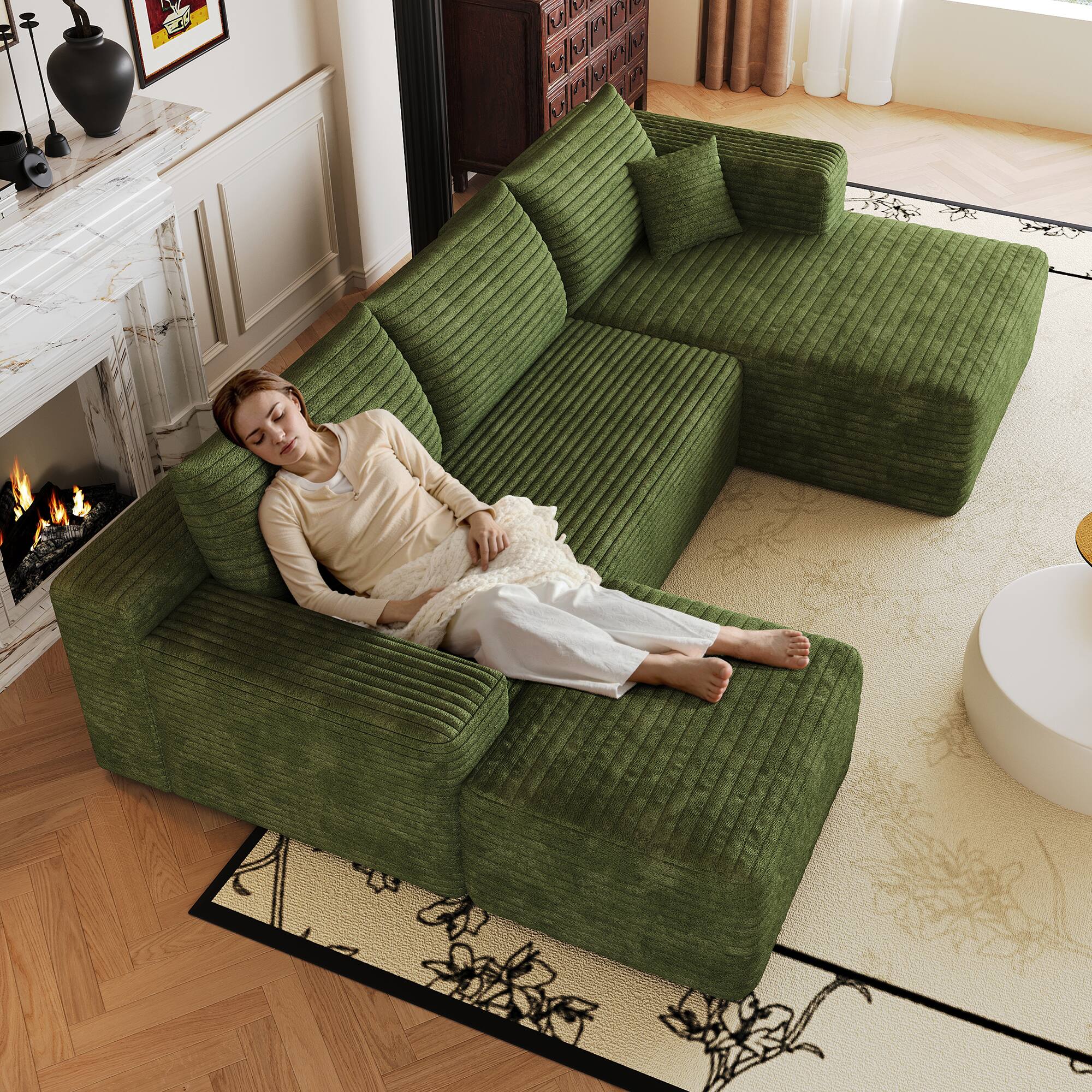 Alt View 6. Meqiodas - Modular Sectional Sofa, L Shaped Could Couch with Ottoman, Wide Deep Seat Comfy Couch for Living Room, Bedroom - Green.