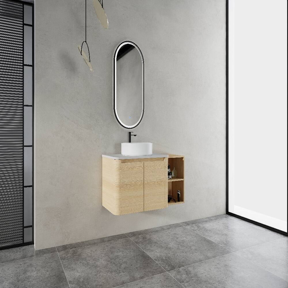 Back. Loheer - 42 inch wall mounted bathroom vanity with ceramic art sink, modern floating vanity with storage shelves - American White Oak.