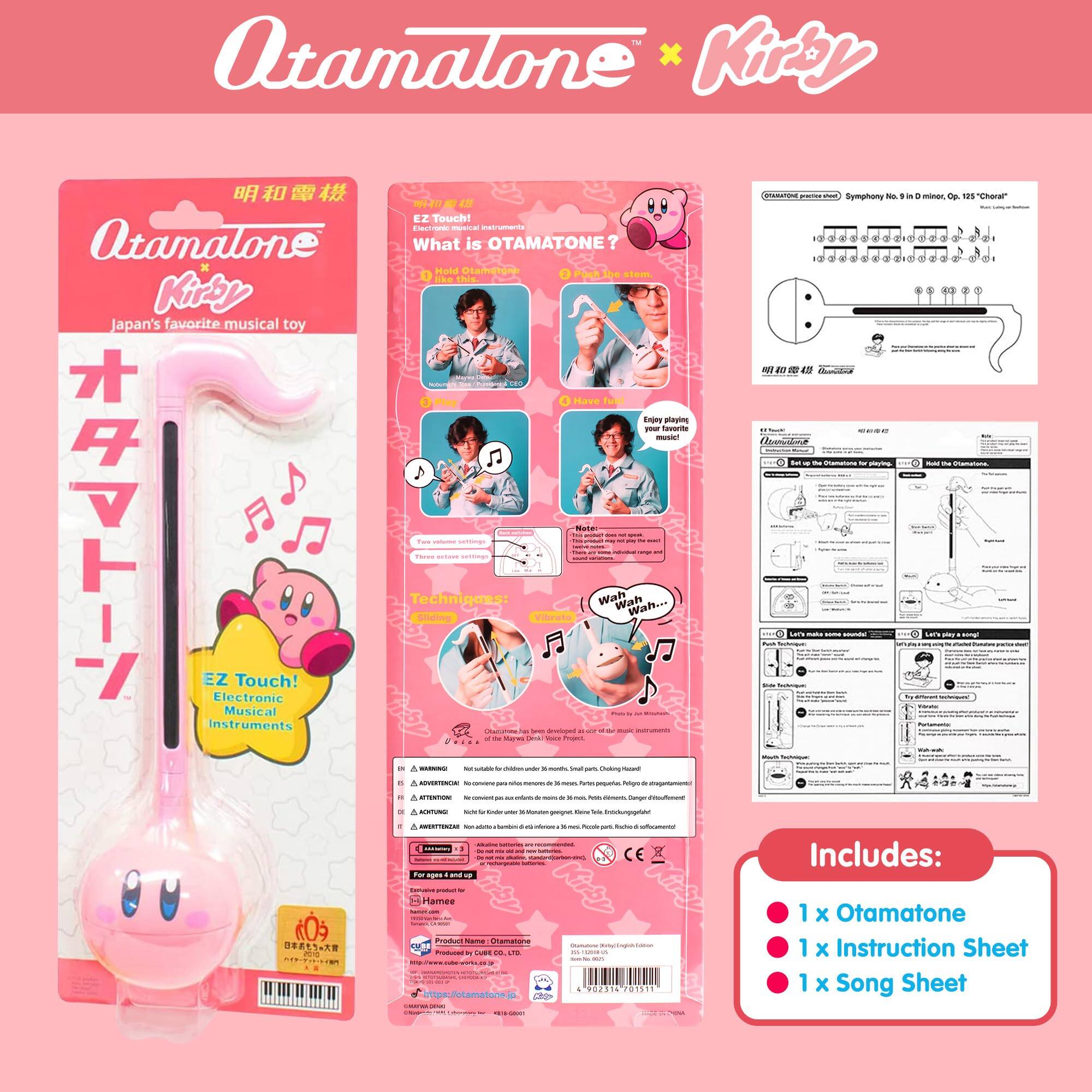 Otamatone x Kirty

Otamatone
Japan's favorite musical toy

EZ Touch!
Electronic Musical Instruments

What is OTAMATONE?
- Hold Otamatone
- Push the stom
- Have fun playing music!

Techniques:
- Wah Wah...

Includes:
- 1 x Otamatone
- 1 x Instruction Sheet
- 1 x Song Sheet