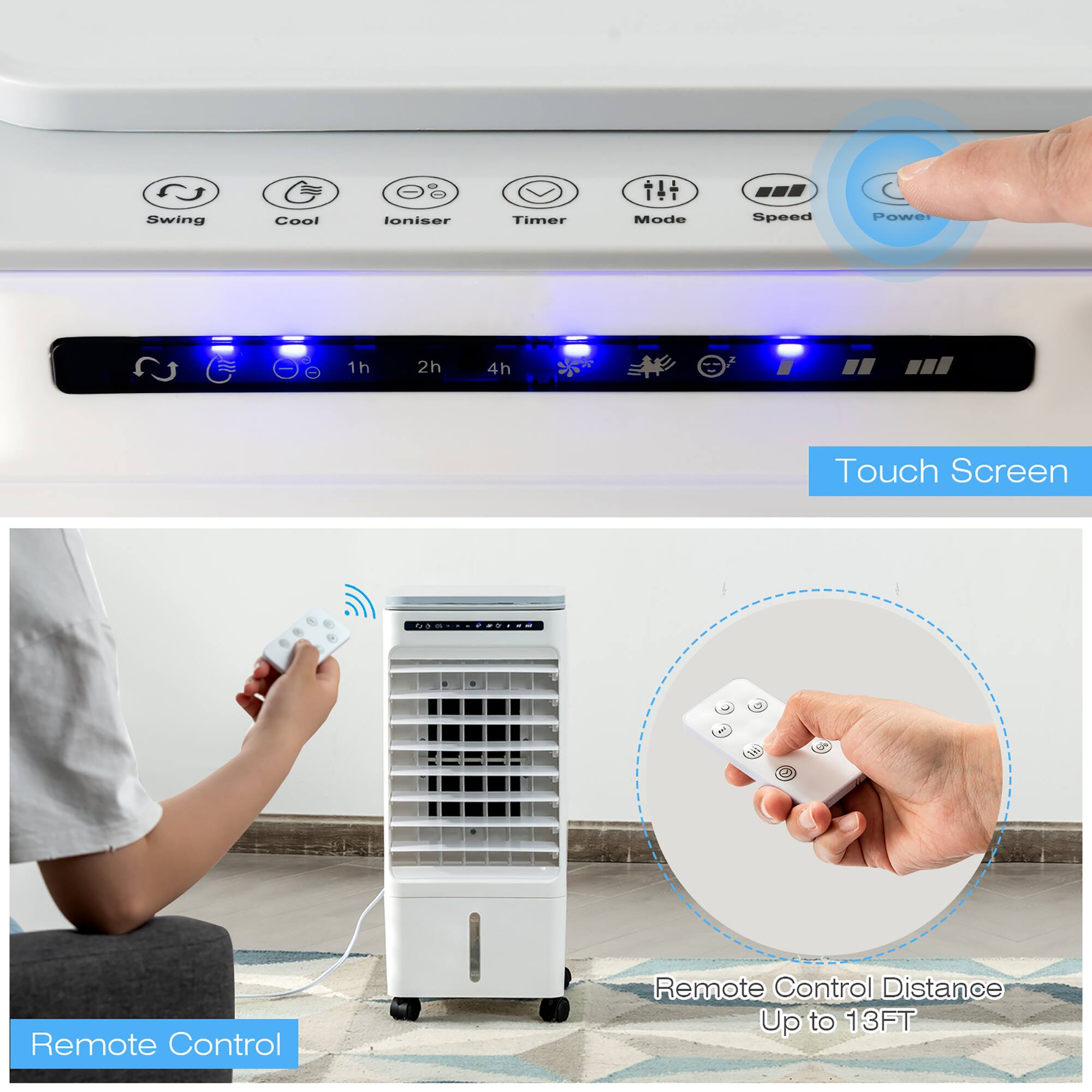 The image shows a person holding a remote control and a small cooling device, which is a portable air conditioner. The remote control is used to operate the air conditioner, and the touch screen on the remote control allows for easy navigation and control of the device. The remote control has a range of up to 13 feet, making it convenient for use in various settings.