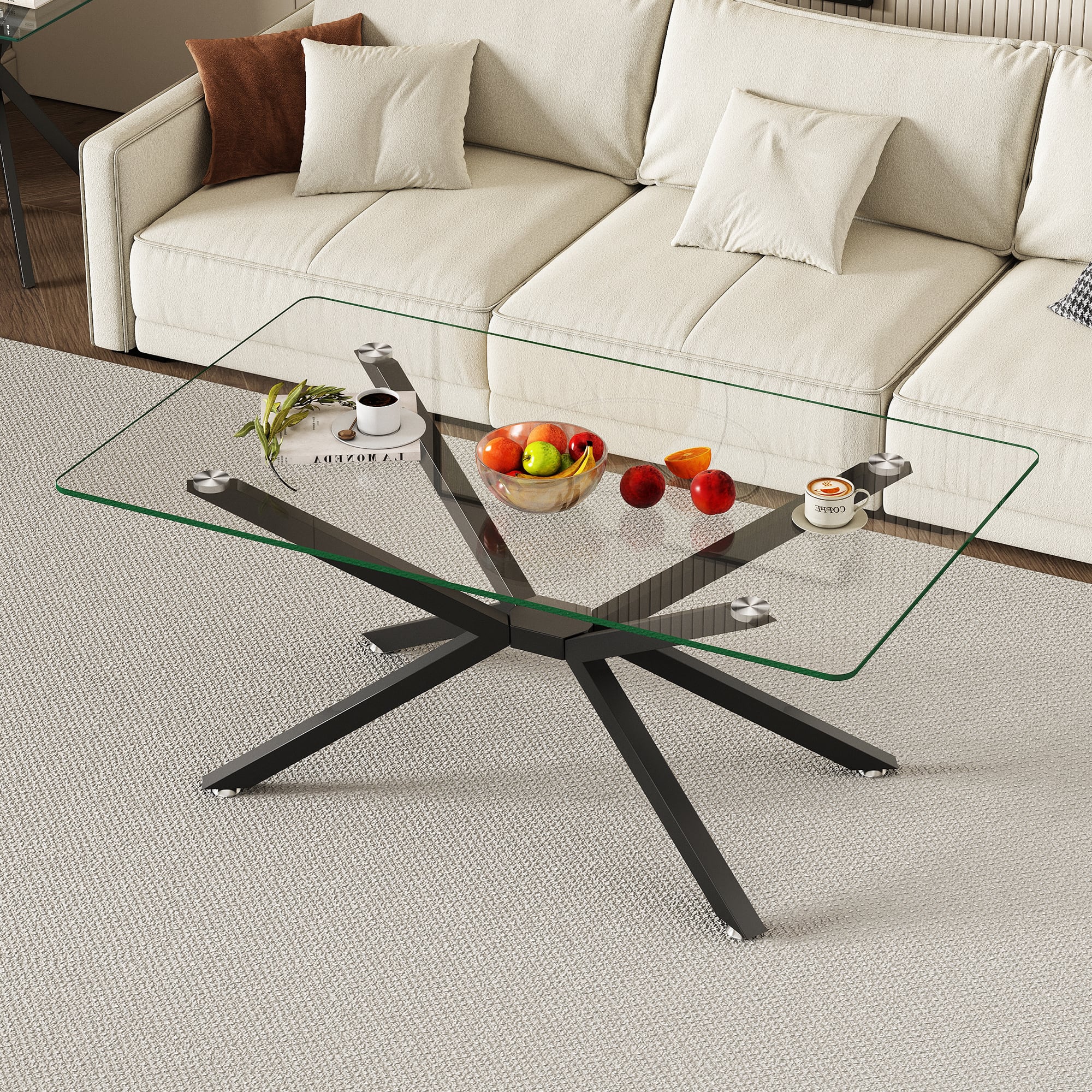 Z-Edge - Rectangle Glass Coffee Table with Metal Legs, Modern Center Table for Living Room - Black