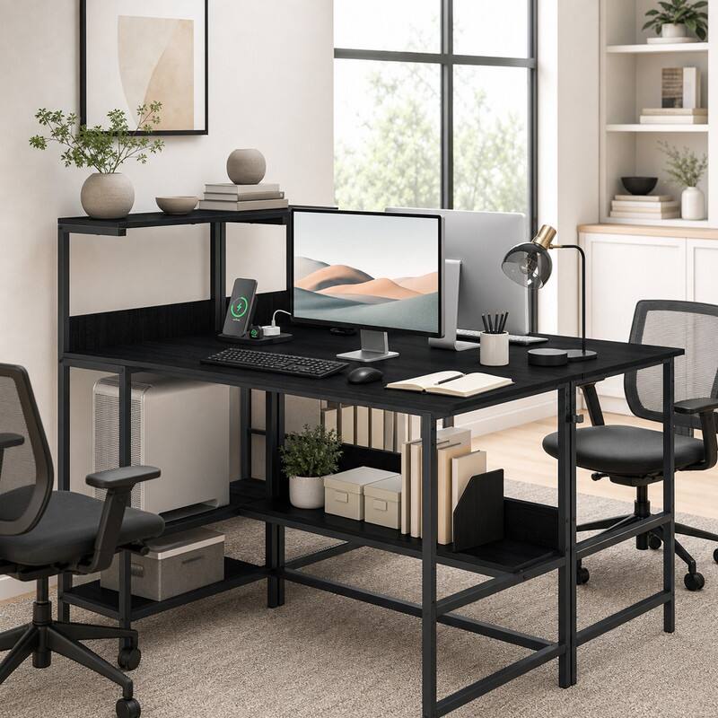 Angle. WELLFOR - 48" Computer Desk with Power Outlets and Storage Shelves, Reversible Home Office Desk Gaming Desk - Black.