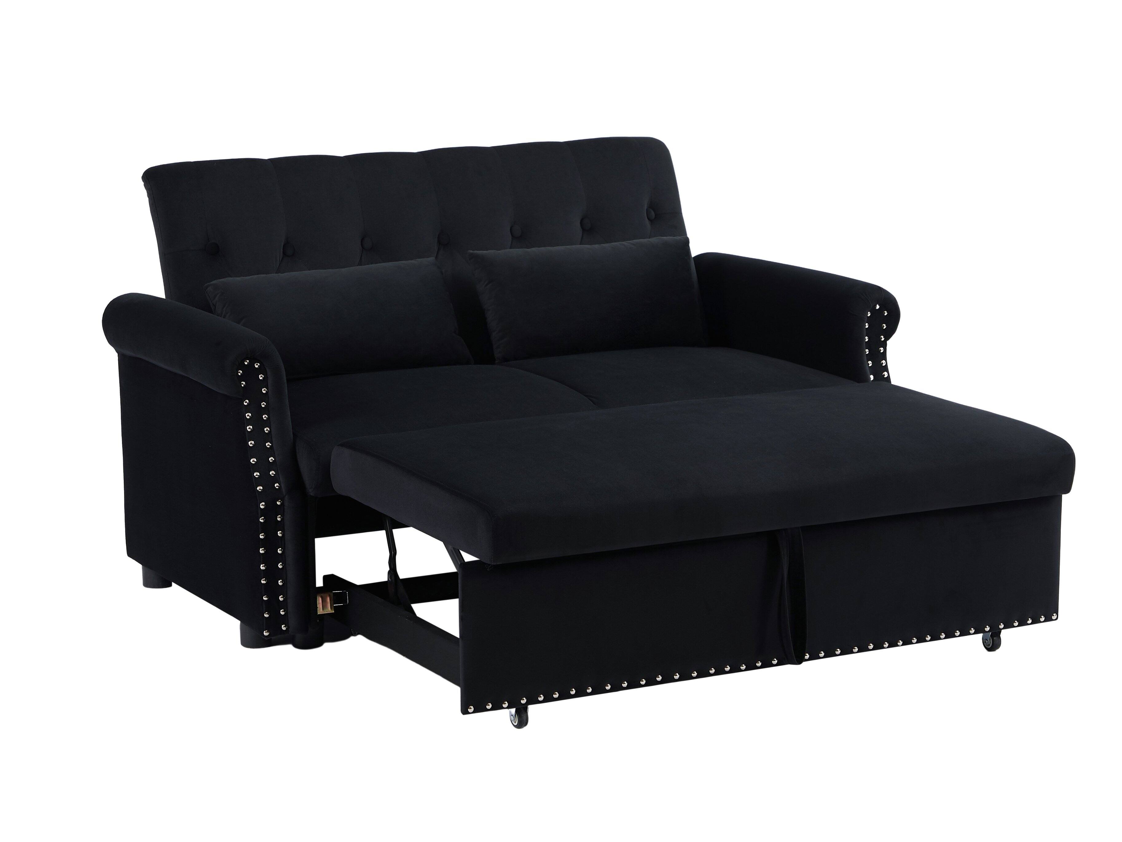 Back. Tiramisubest - Modern Velvet Convertible Loveseat Sleeper Sofa with 2 Lumbar Pillows,Adjustable Pull-Out Bed,Removable Armrest,Black - Black.