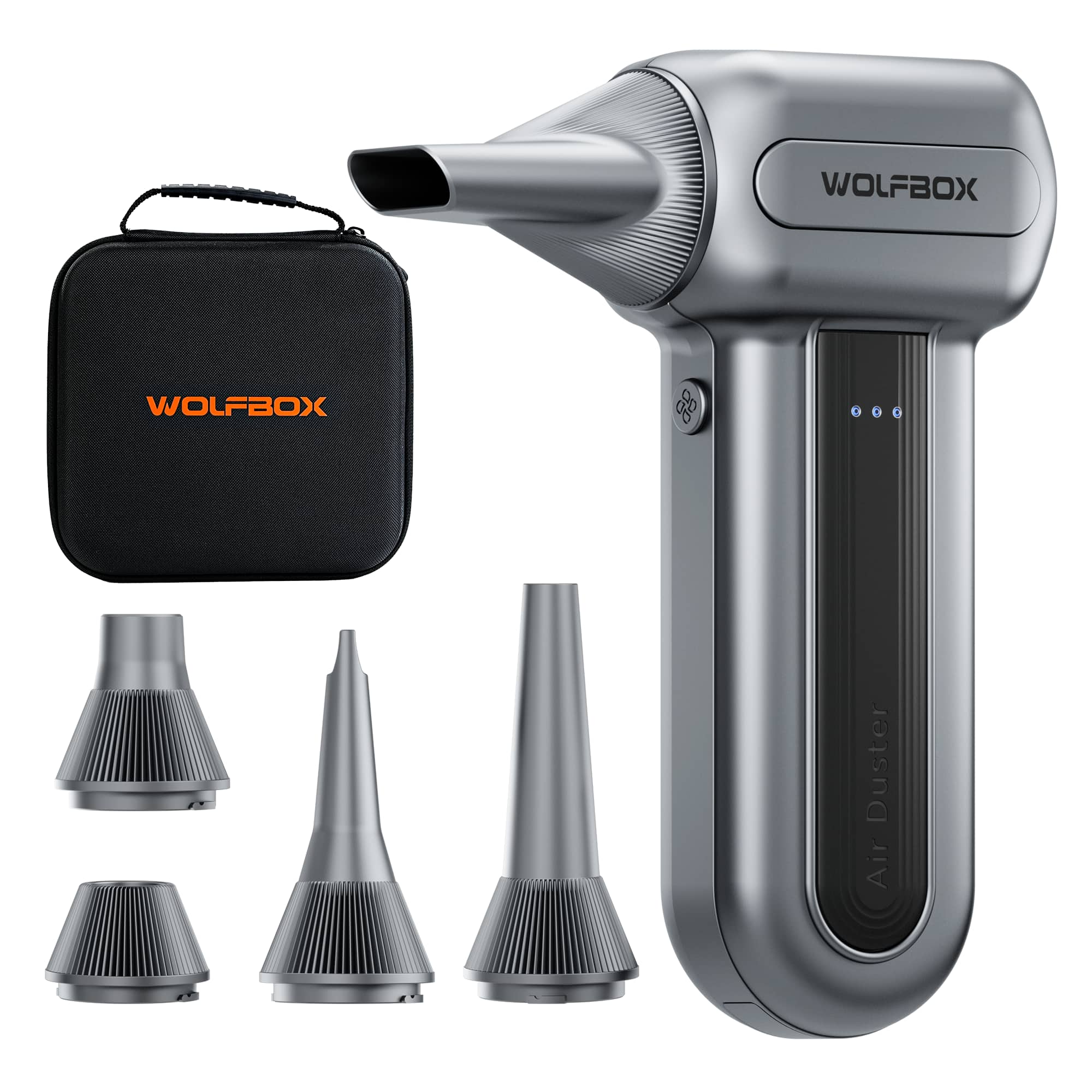 WOLFBOX - Compressed Air Duster, 5 Nozzles Electric Air Duster with hand carrying case, Air Blower for Keyboard, Camera, Car, Home - Silver