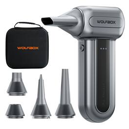 WOLFBOX - Compressed Air Duster, 5 Nozzles Electric Air Duster with hand carrying case, Air Blower for Keyboard, Camera, Car, Home - Silver
