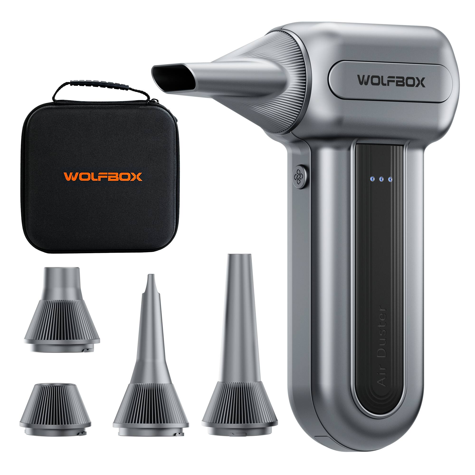 WOLFBOX - Compressed Air Duster, 5 Nozzles Electric Air Duster with hand carrying case, Air Blower for Keyboard, Camera, Car, Home - Silver